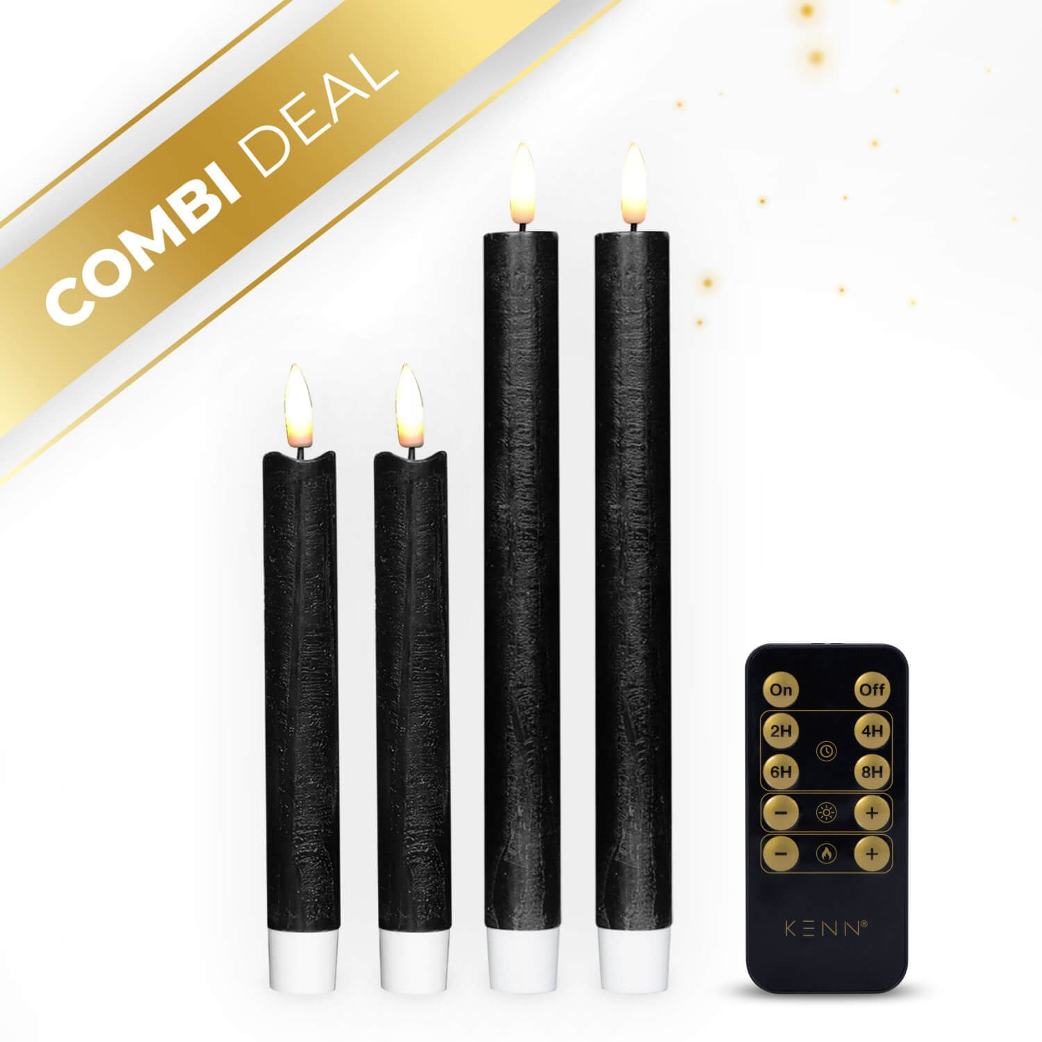 KENN® zwarte dinerkaarsenbundel 4-delig op batterij met afstandsbediening