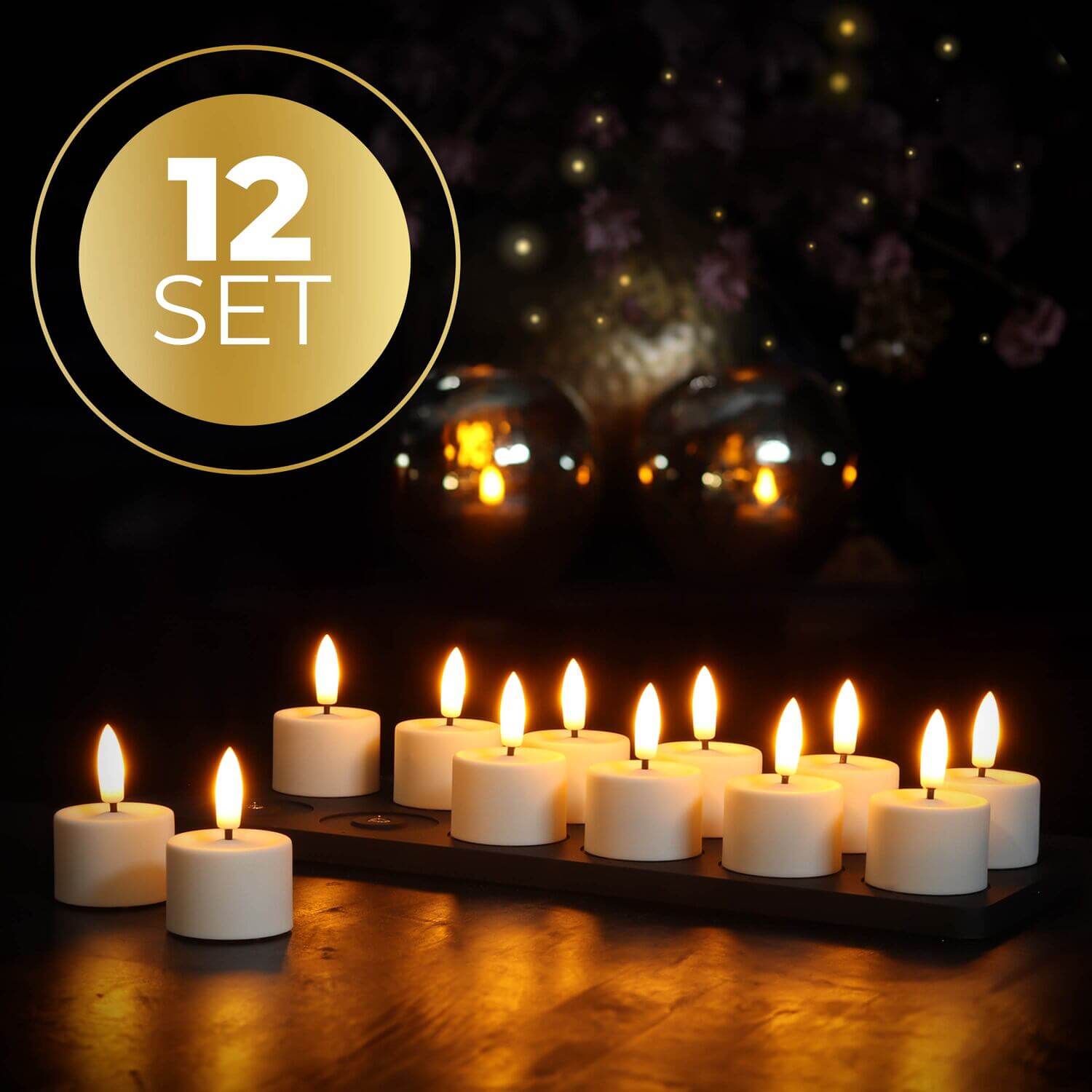 GlowPro oplaadbare waxinelichtjes, set van 12, op een houten tafel in een sfeervolle setting