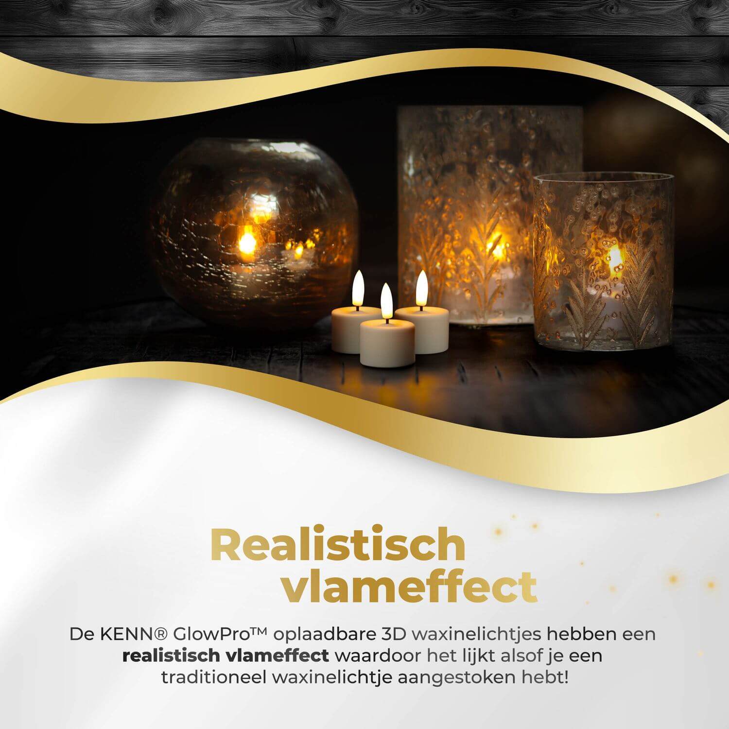 KENN® GlowPro oplaadbare waxinelichtjes met realistisch 3D vlameffect in warm interieur