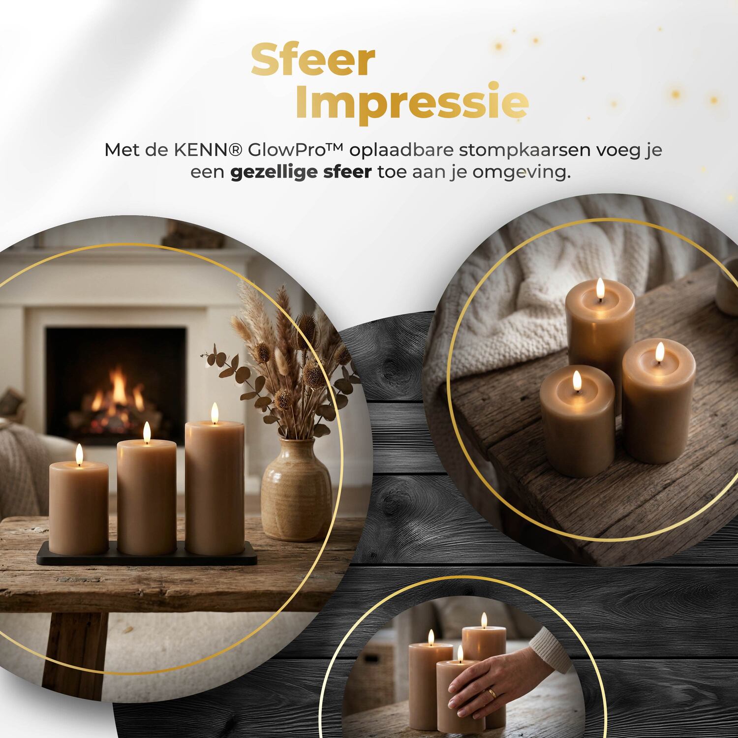 KENN® GlowPro™ Oplaadbare LED kaarsen caramel sfeerimpressie in woonkamer op tafel