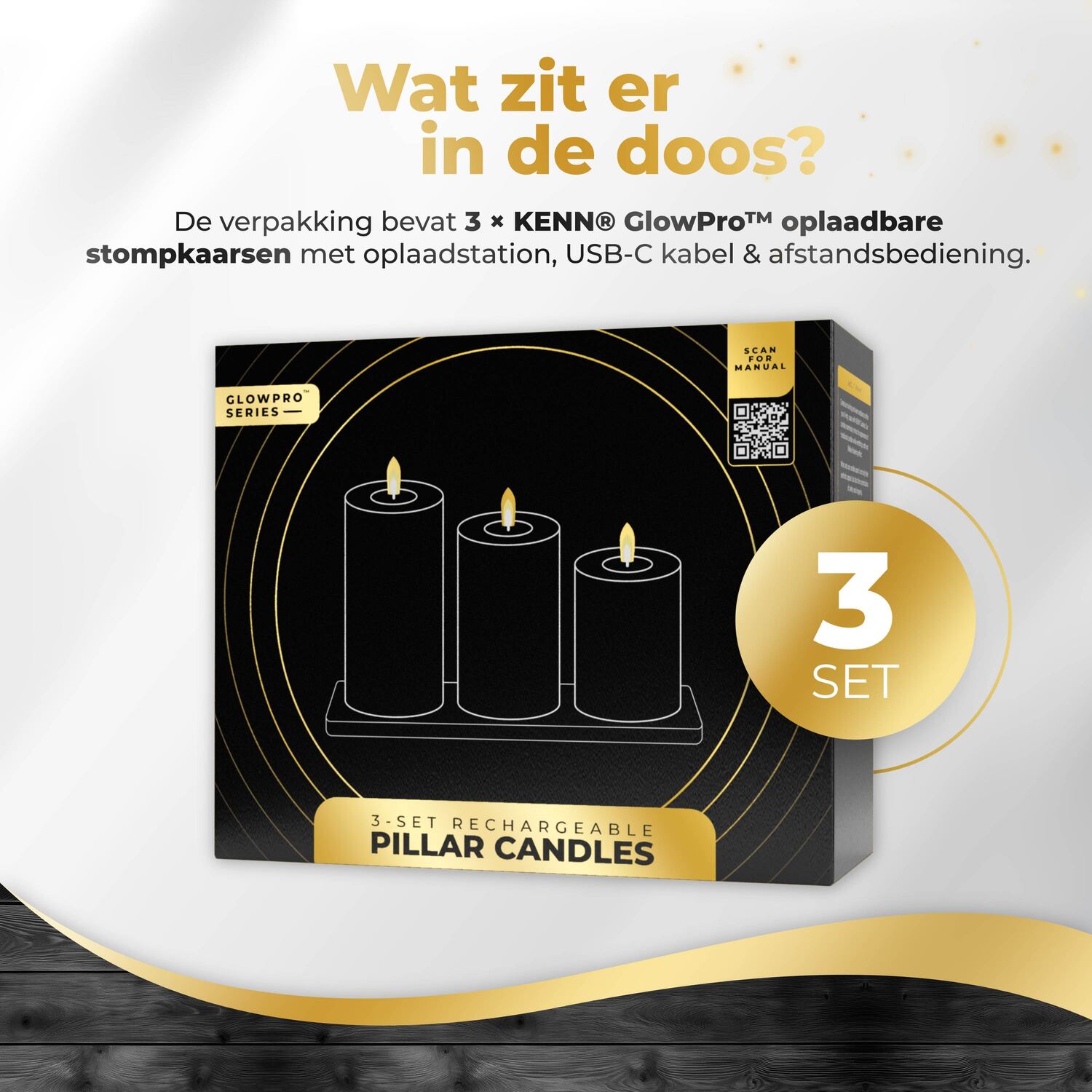 KENN® GlowPro™ Wiederaufladbare Stumpenkerzen Elfenbein in der Verpackung