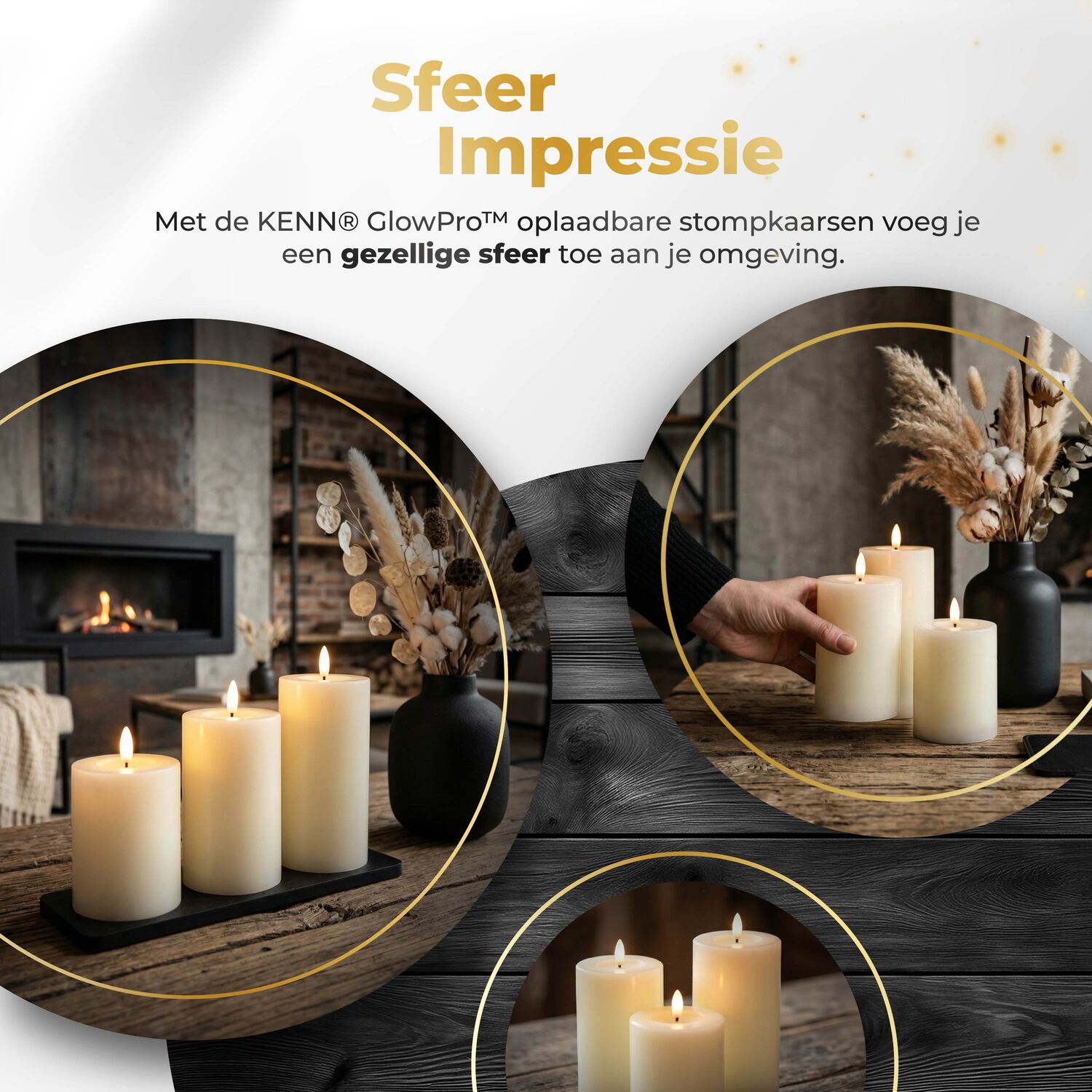 KENN® GlowPro™ Oplaadbare Stompkaarsen ivoor sfeerimpressie op houten tafel met sfeervol effect