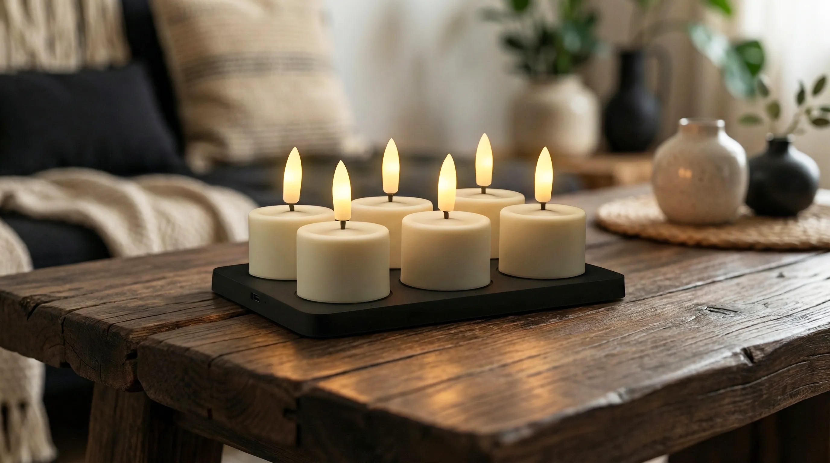 GlowPro™ Set van 6 oplaadbare waxinelichtjes op een houten tafel in een sfeervolle woonkamer.