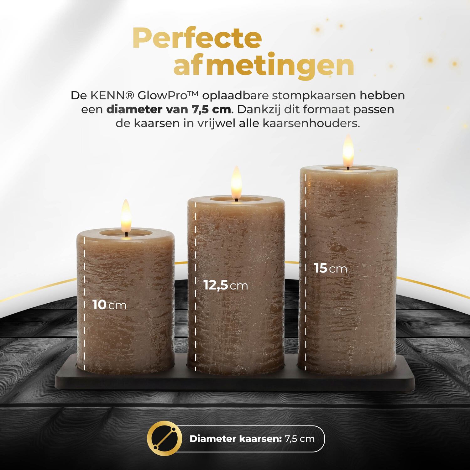 KENN® GlowPro™ oplaadbare LED kaarsen  rustiek bruin/caramel afmetingen 