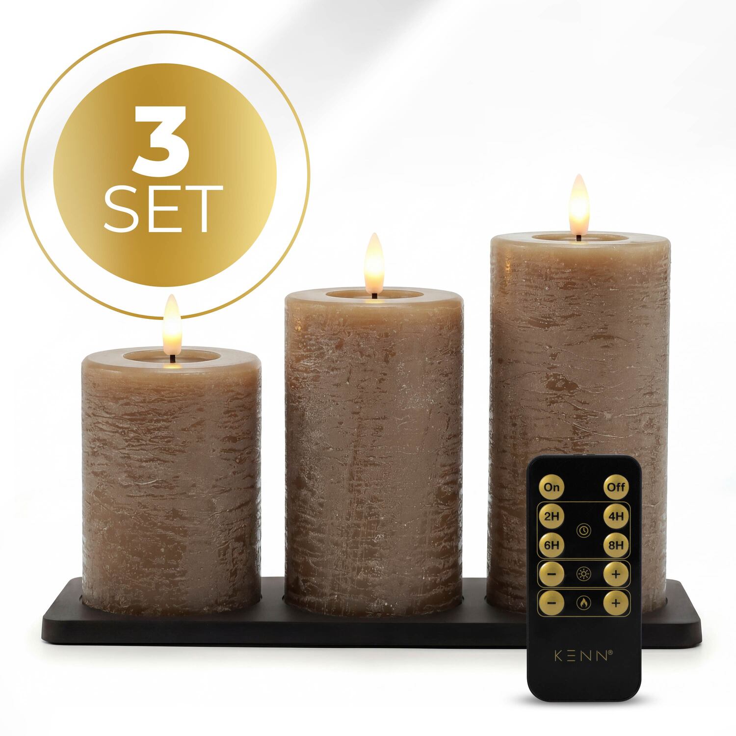 KENN® GlowPro™ oplaadbare LED kaarsen  rustiek bruin/caramel met afstandsbediening, timer en oplaadstation