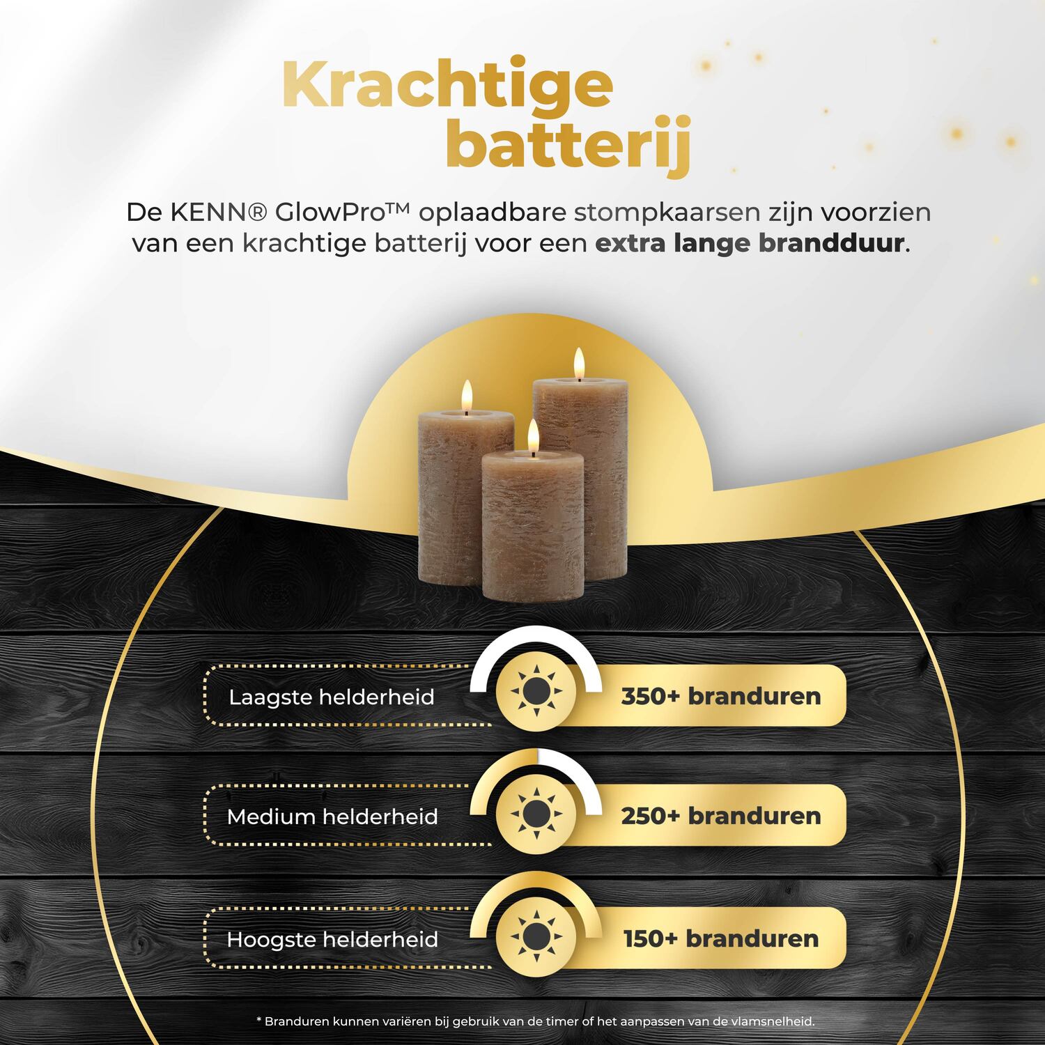 KENN® GlowPro™ oplaadbare LED kaarsen  rustiek bruin/caramel met krachtige batterij tot 400 branduren