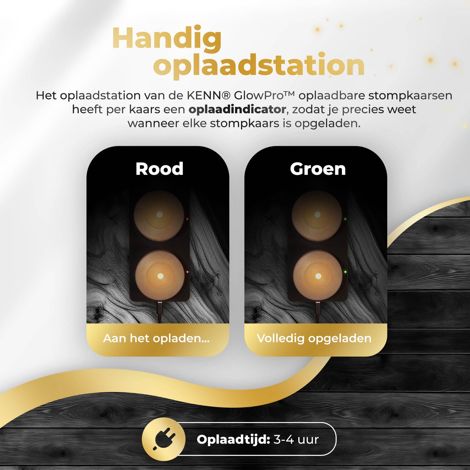 KENN® GlowPro™ oplaadbare LED kaarsen  rustiek bruin/caramel met handig magnetisch oplaadstation en oplaadindicatoren