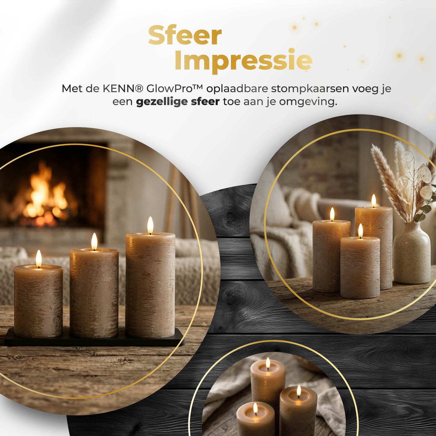 KENN® GlowPro™ oplaadbare LED kaarsen  rustiek bruin/caramel sfeerimpressie in sfeervolle woonkamer 