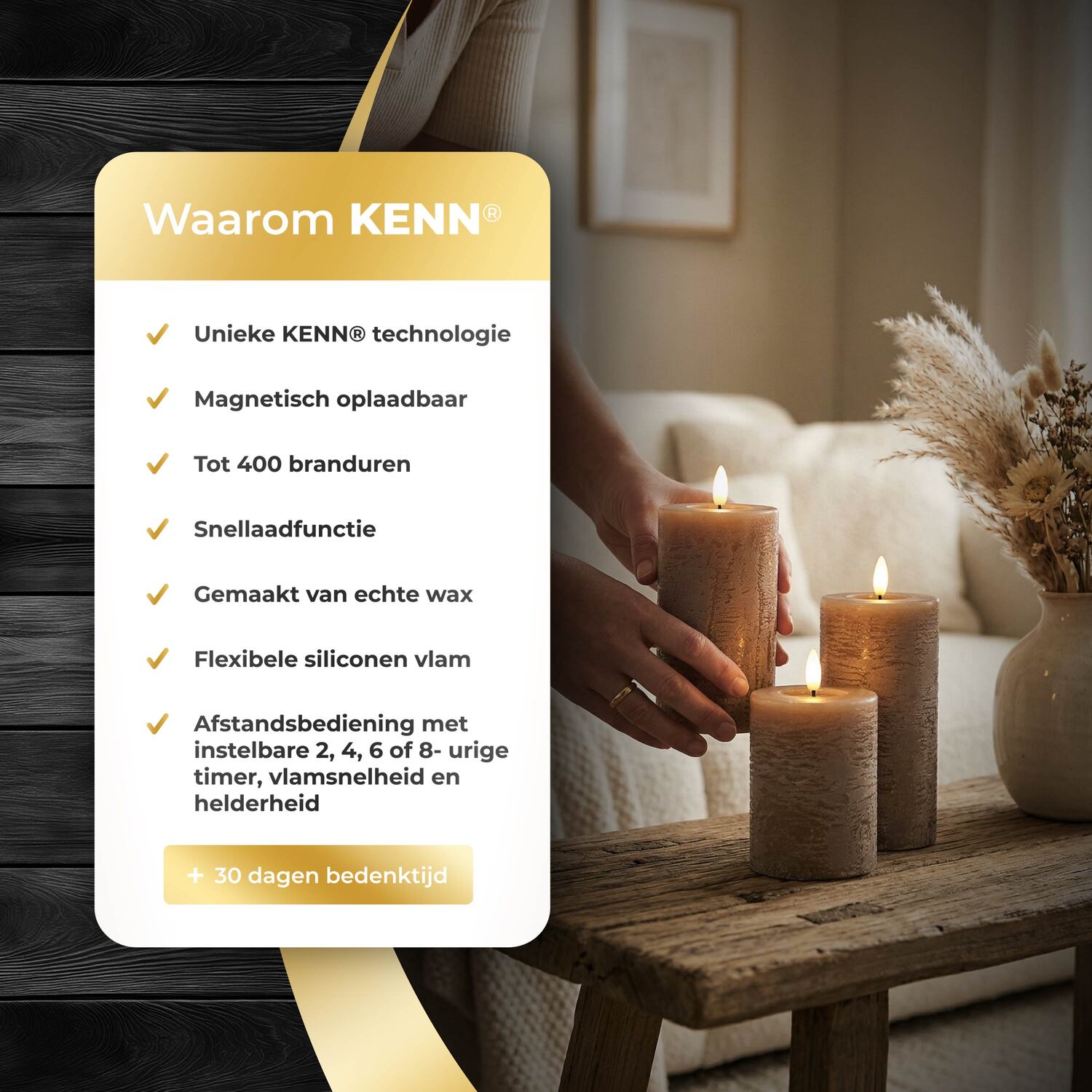 KENN® GlowPro™ oplaadbare LED kaarsen  rustiek bruin/caramel waarom KENN overzicht