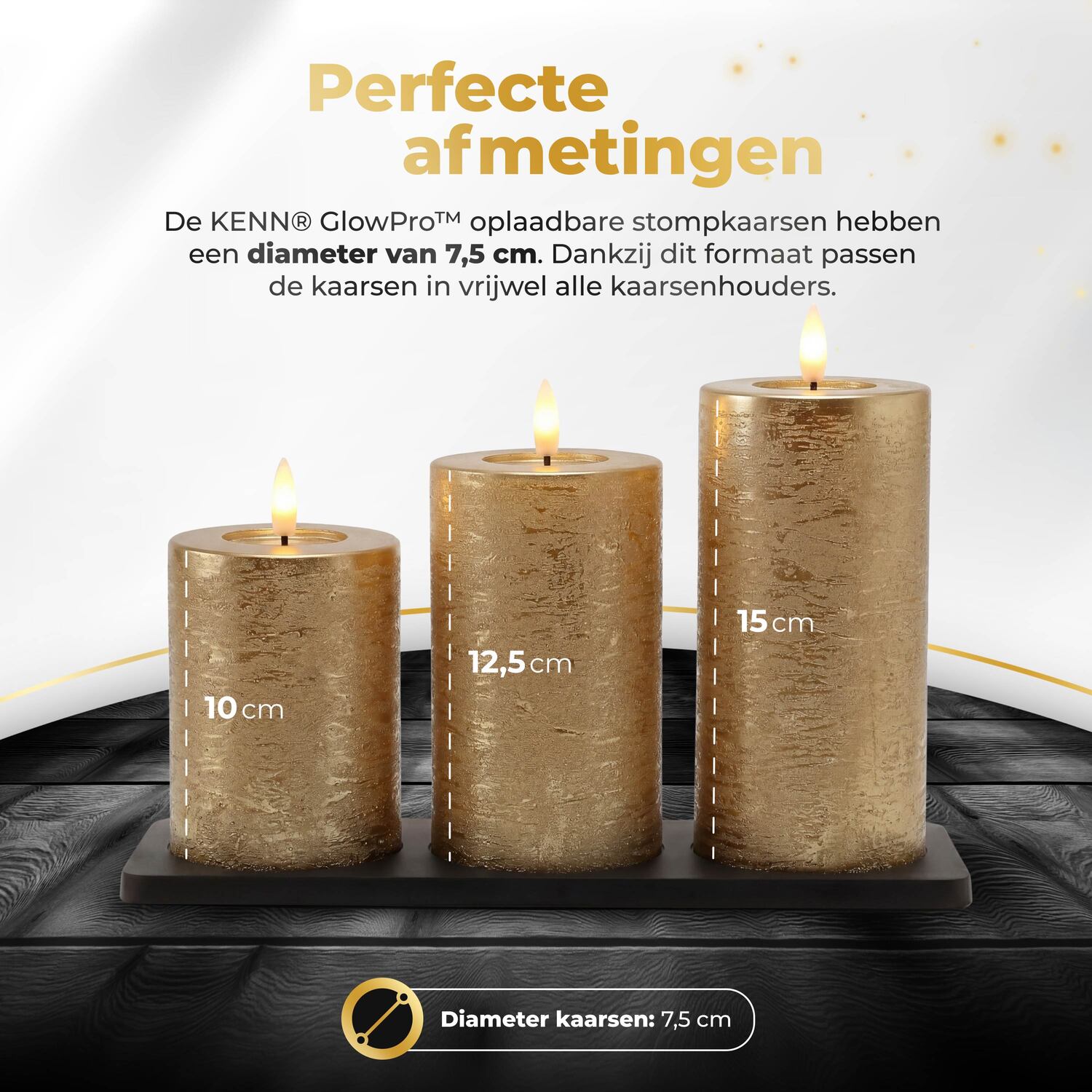 KENN® GlowPro™ Oplaadbare LED kaarsen in rustiek goud met perfecte afmetingen