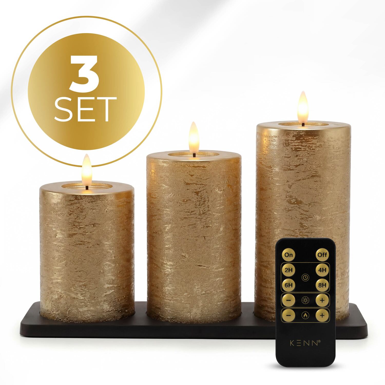 KENN® GlowPro™ Oplaadbare LED kaarsen in rustiek goud met afstandsbediening en oplaadstation