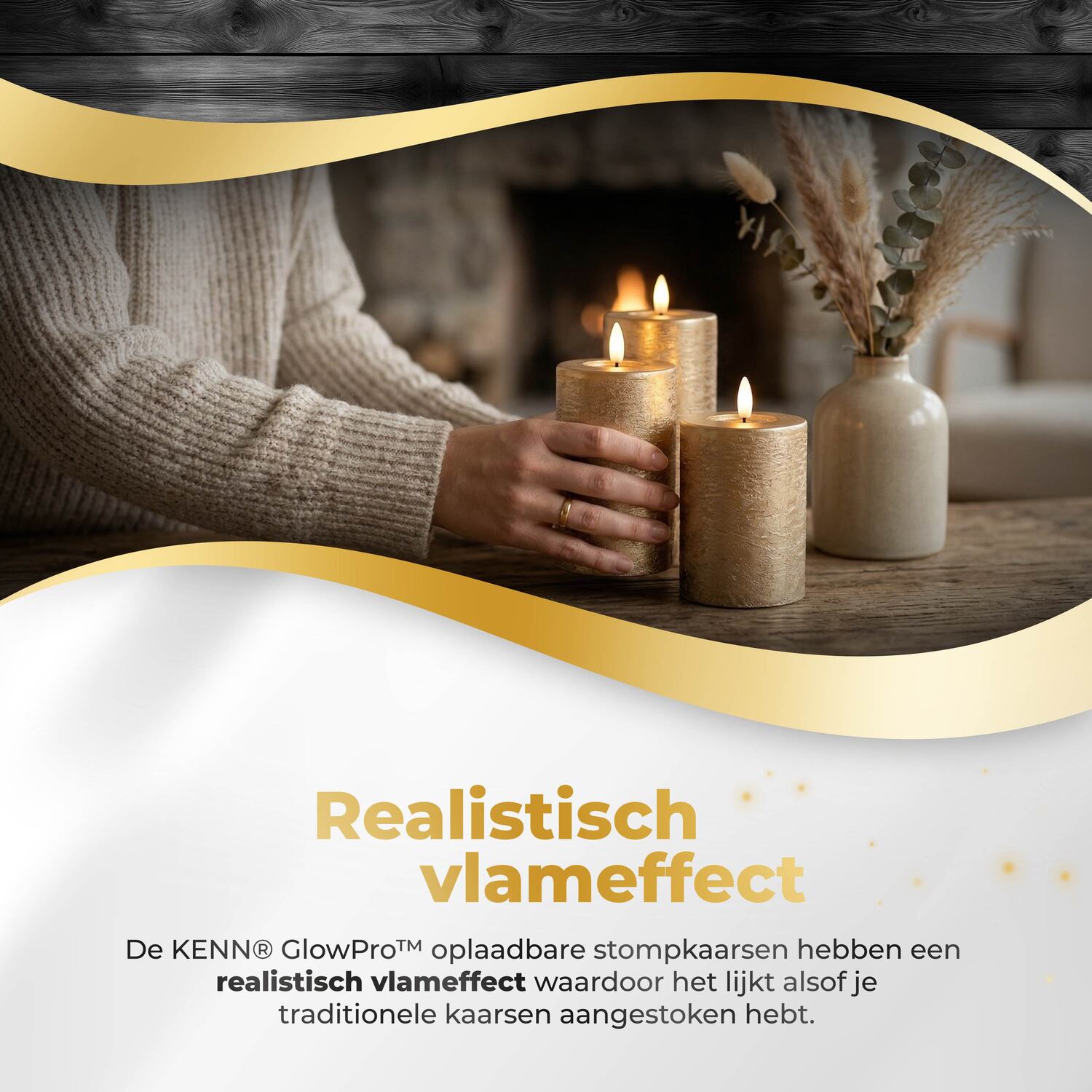 KENN® GlowPro™ Oplaadbare LED kaarsen in rustiek goud met realistisch vlameffect