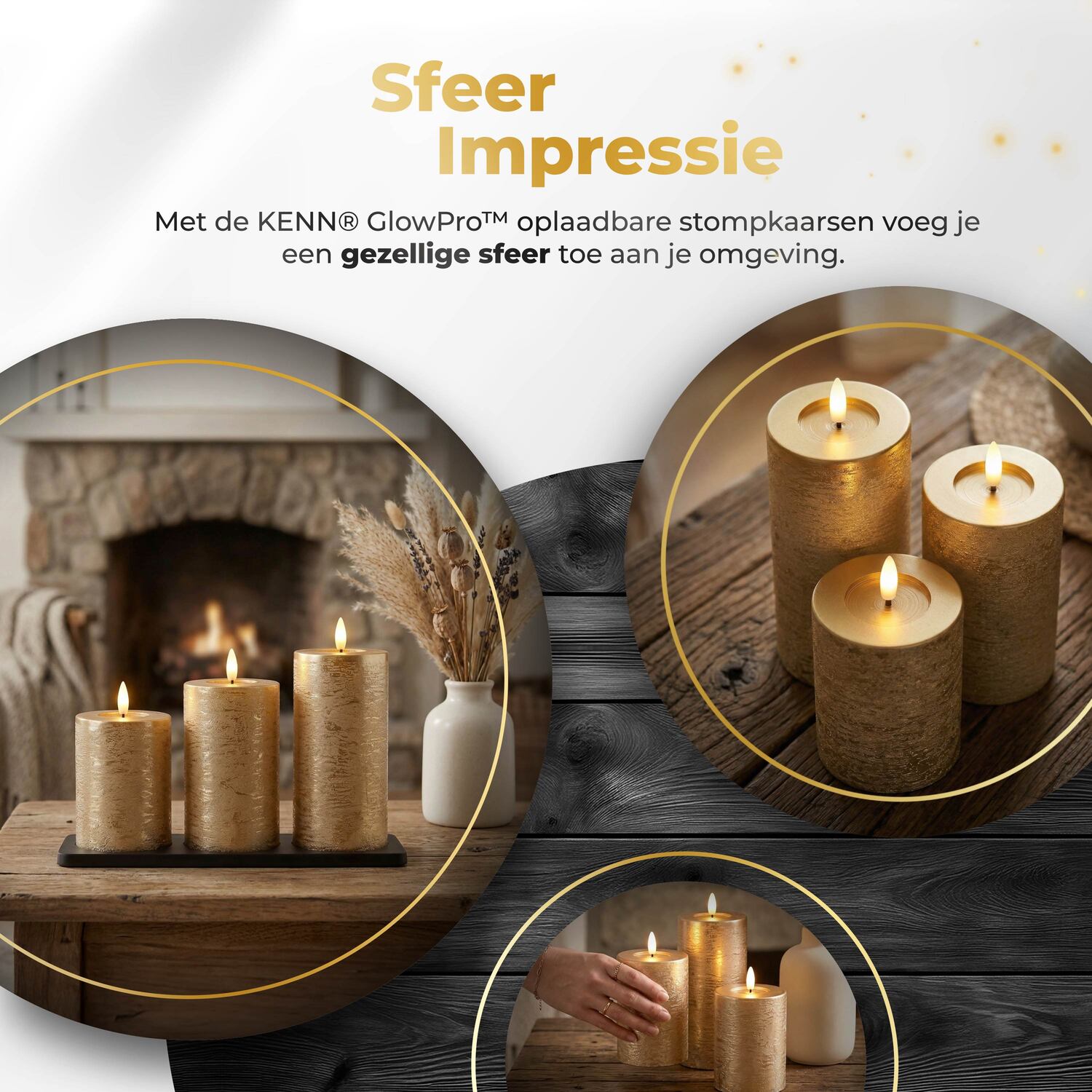 KENN® GlowPro™ Oplaadbare LED kaarsen in rustiek goud sfeerimpressie in woonkamer