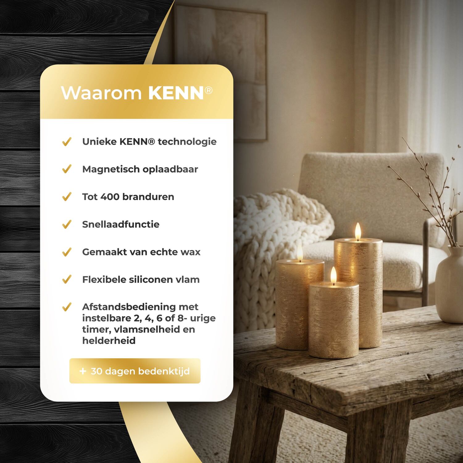 KENN® GlowPro™ Oplaadbare LED kaarsen in rustiek goud - waarom kiezen voor kenn