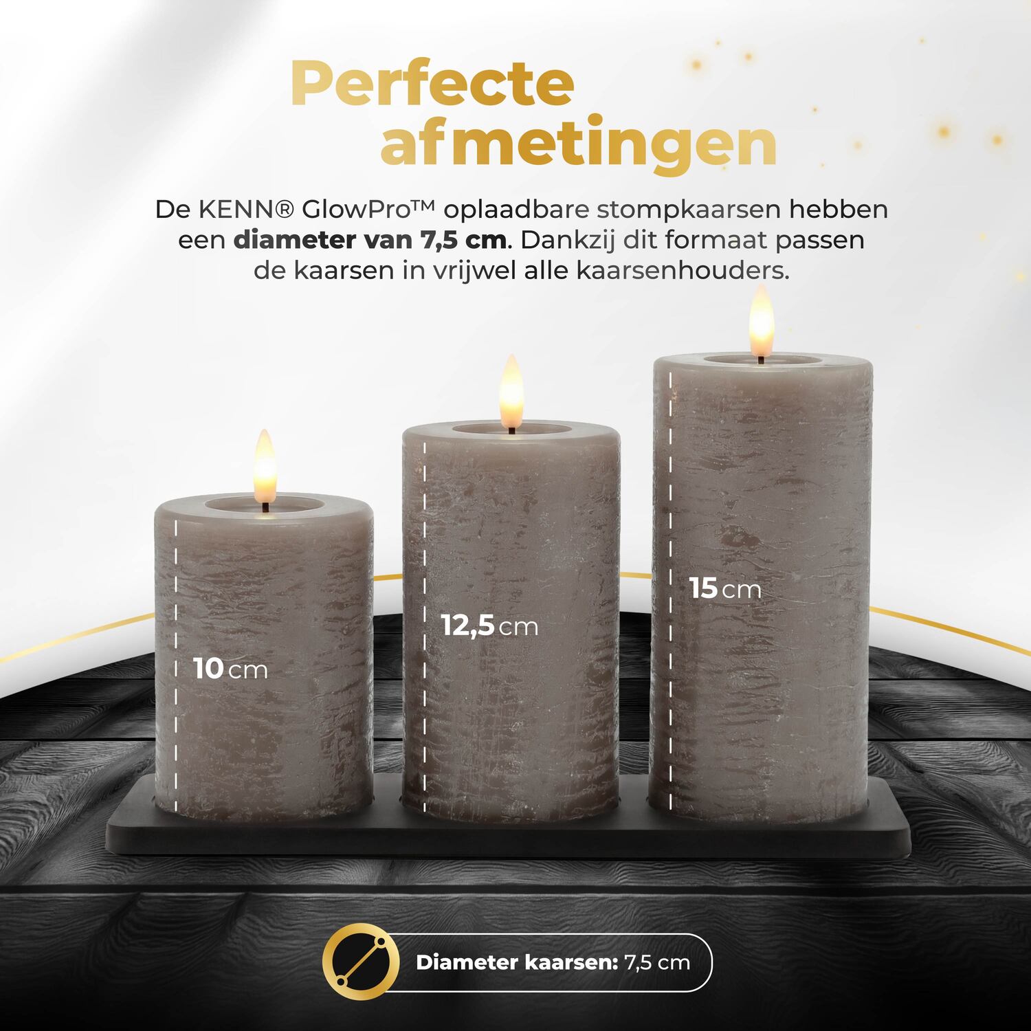 KENN® GlowPro oplaadbare stompkaarsen rustiek taupe afmetingen LED kaarsen
