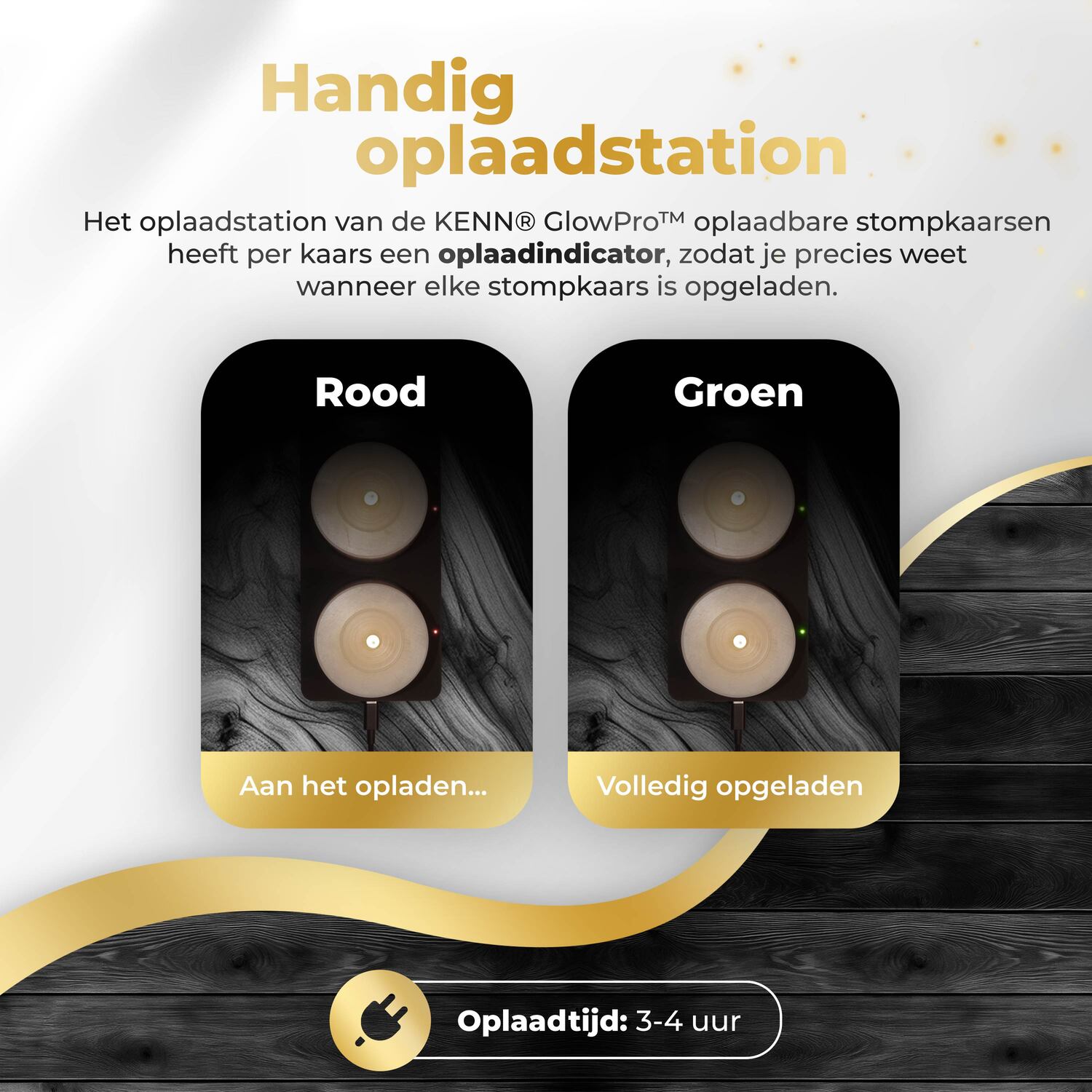 KENN® GlowPro oplaadbare stompkaarsen rustiek taupe met oplaadstation en oplaadindicatoren