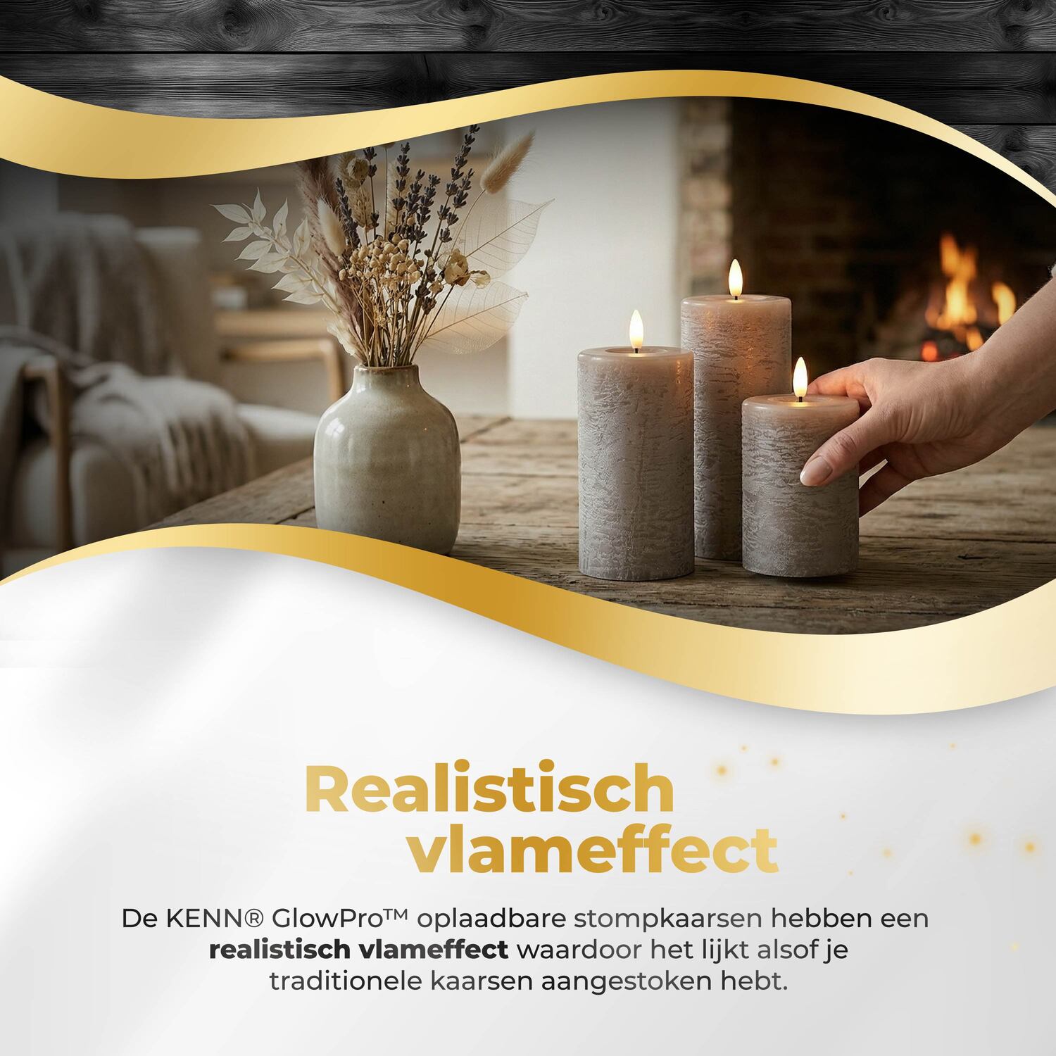 KENN® GlowPro oplaadbare stompkaarsen rustiek taupe met realistisch natuurgetrouw vlameffect