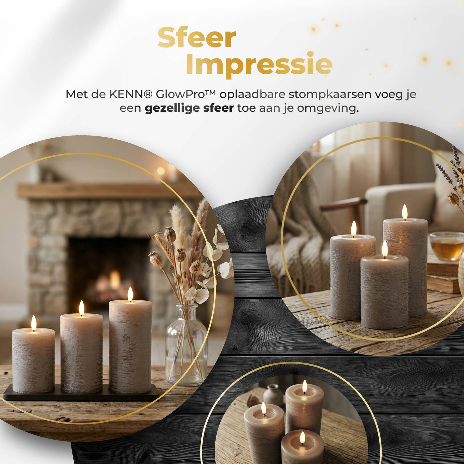 KENN® GlowPro oplaadbare stompkaarsen rustiek taupe met sfeerimpressie in woonkamer