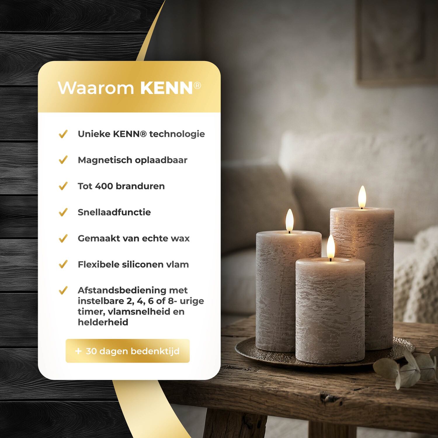 KENN® GlowPro oplaadbare stompkaarsen rustiek taupe op tafel met waarom KENN overzicht