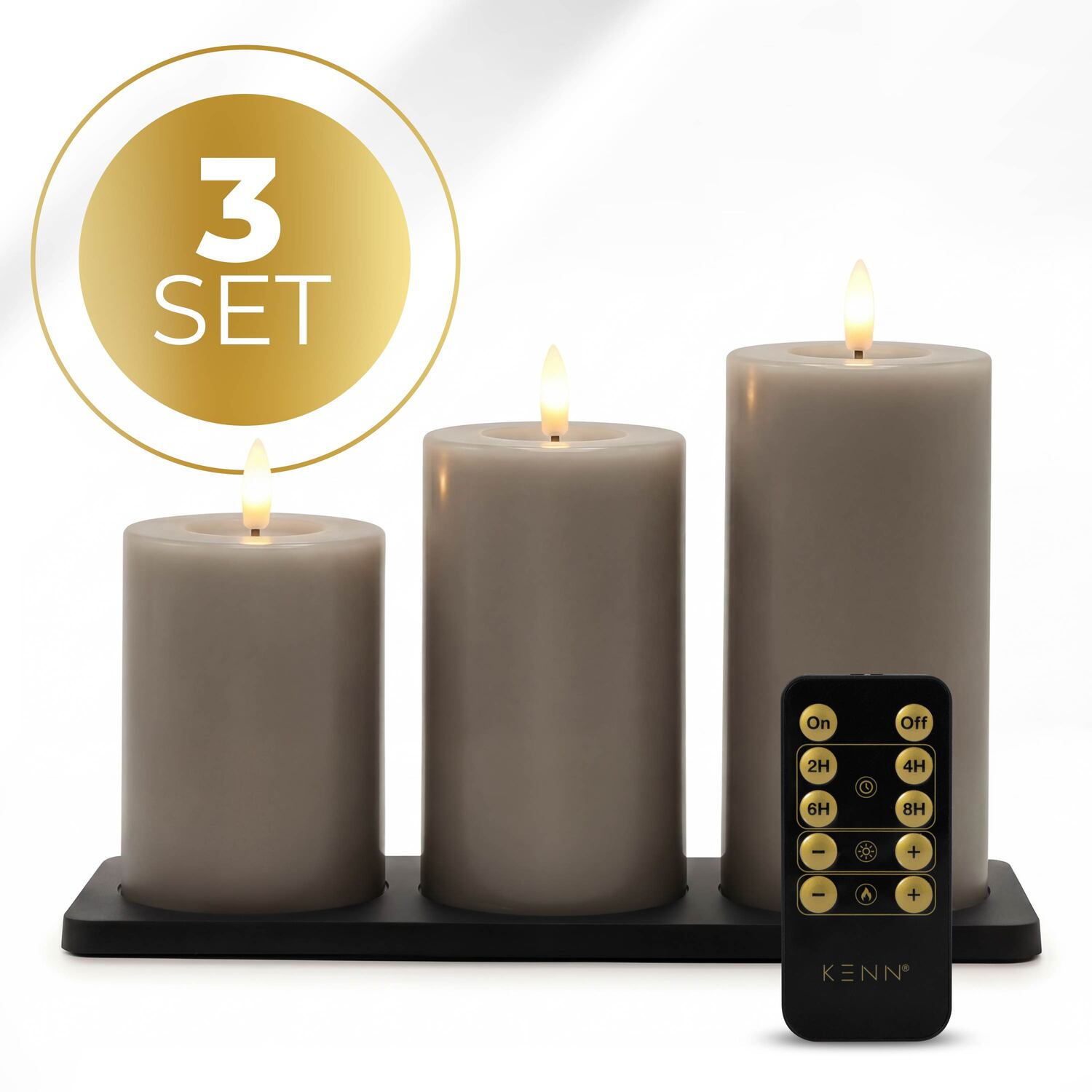 KENN® GlowPro™ Oplaadbare LED kaarsen taupe met afstandsbediening en oplaadstation