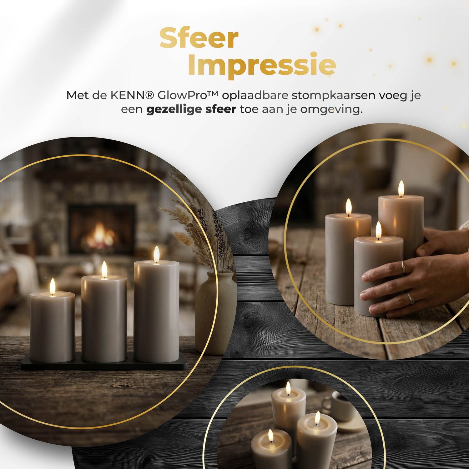 KENN® GlowPro™ Oplaadbare LED kaarsen taupe sfeerimpressie op tafel