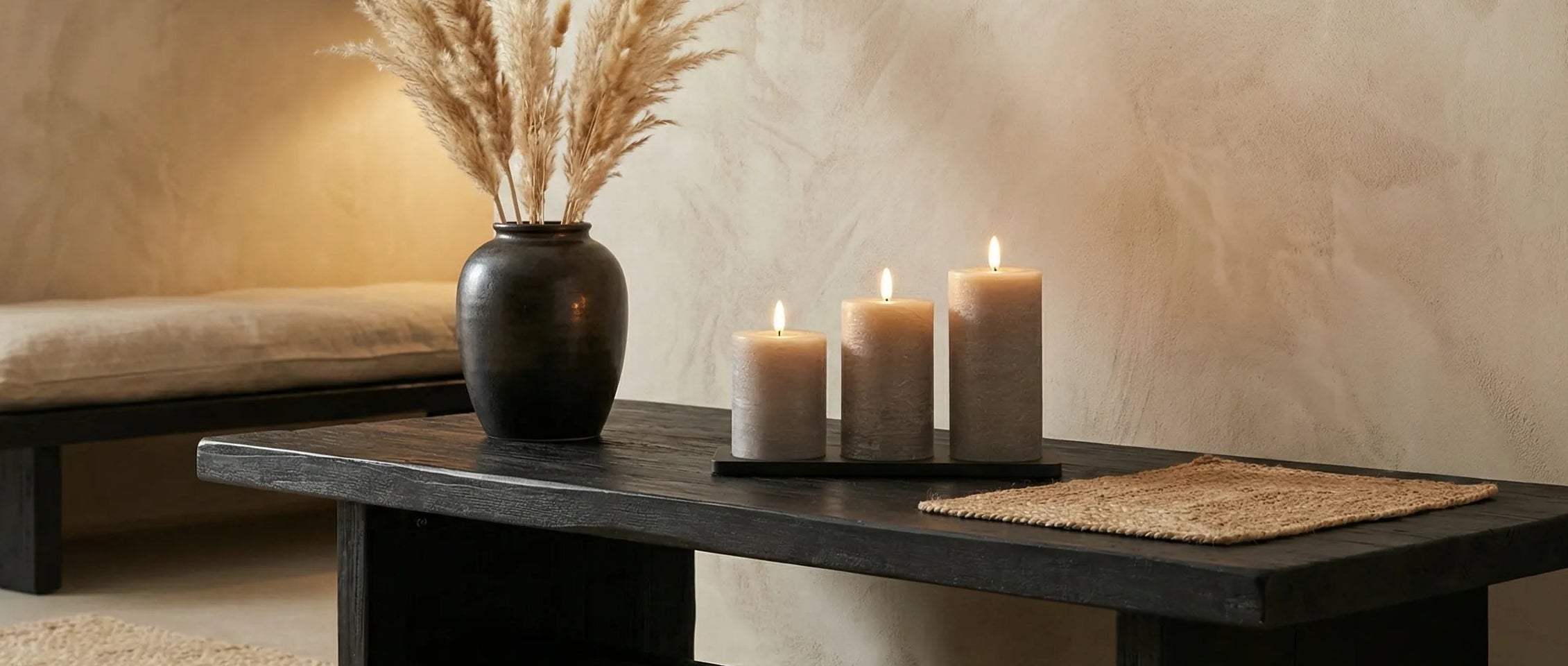 KENN GlowPro set van 3 oplaadbare stompkaarsen in taupe kleur op een bijzettafel.