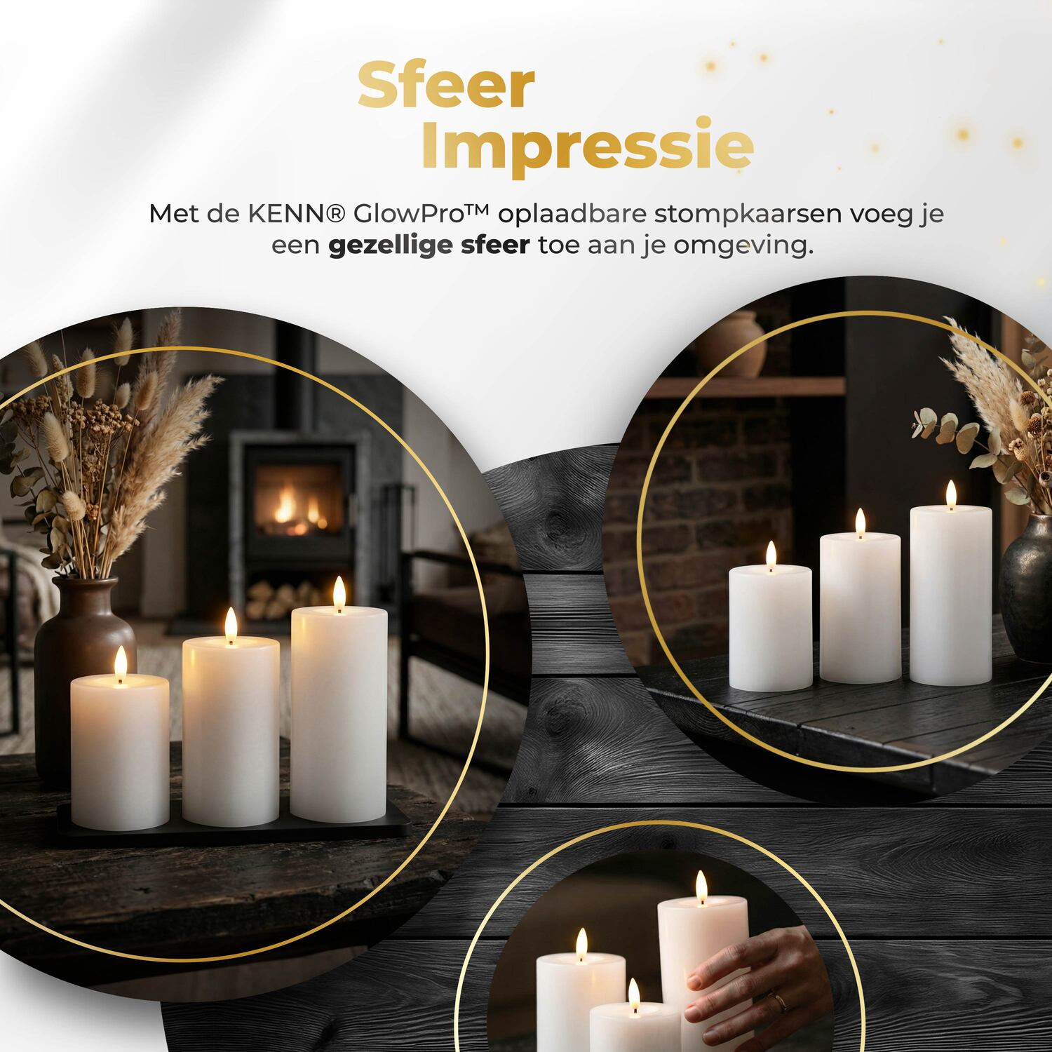 KENN® GlowPro™ Oplaadbare LED kaarsen wit sfeerimpressie in sfeervolle woonkamer