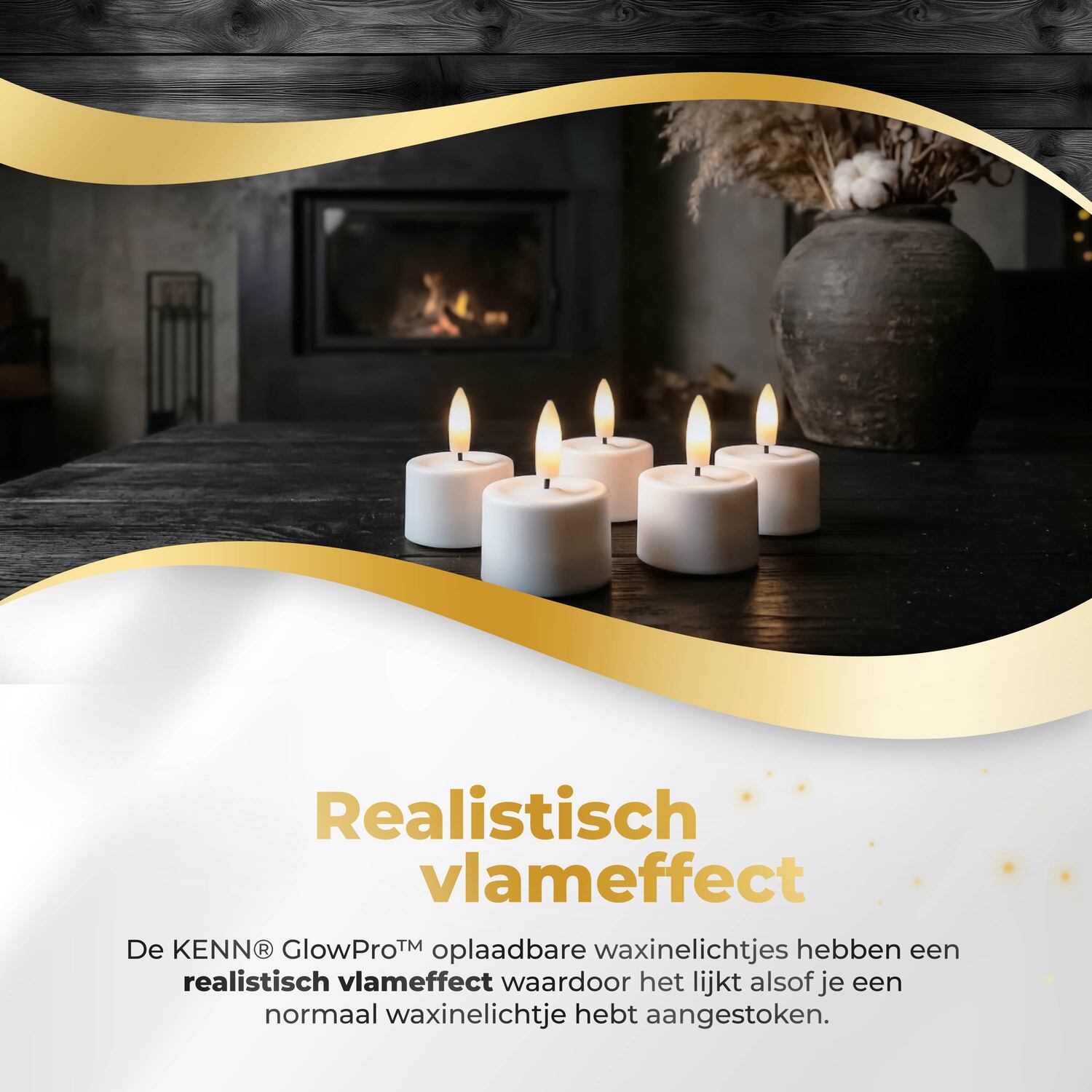 KENN® GlowPro™ Wiederaufladbare Teelichter stimmungsvoll auf einem Tisch mit Kamin.