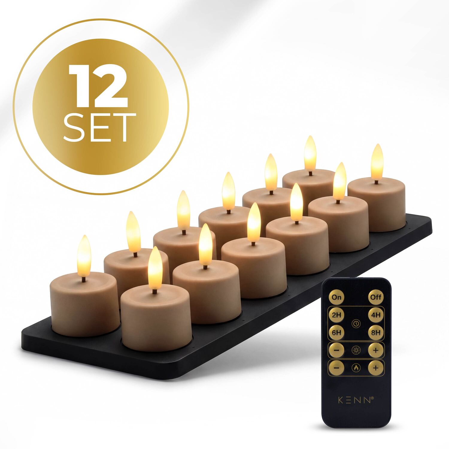KENN® GlowPro™ Oplaadbare Waxinelichtjes caramel/bruin met afstandsbediening en oplaadstation