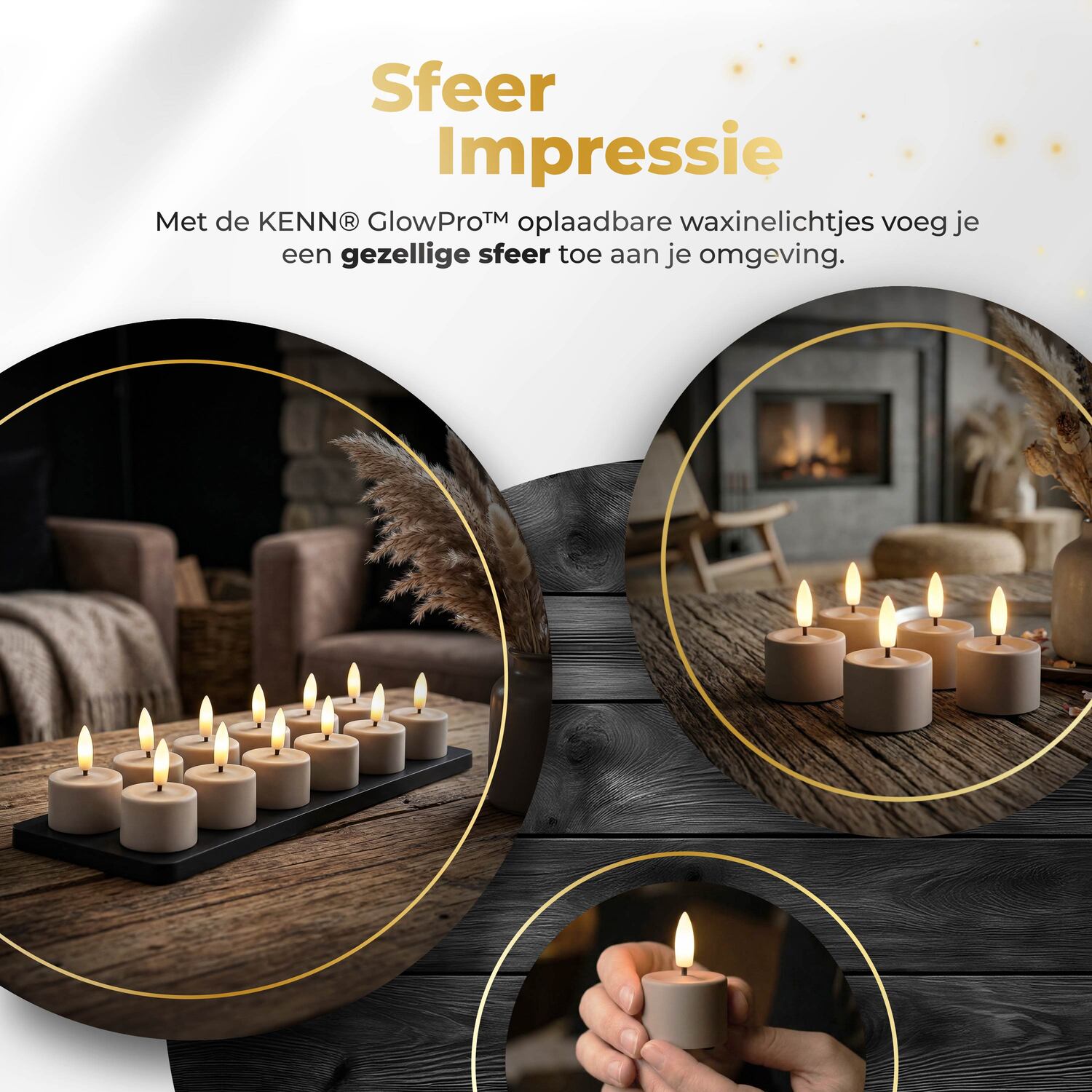 KENN® GlowPro™ Oplaadbare Waxinelichtjes taupe sfeerimpressie
