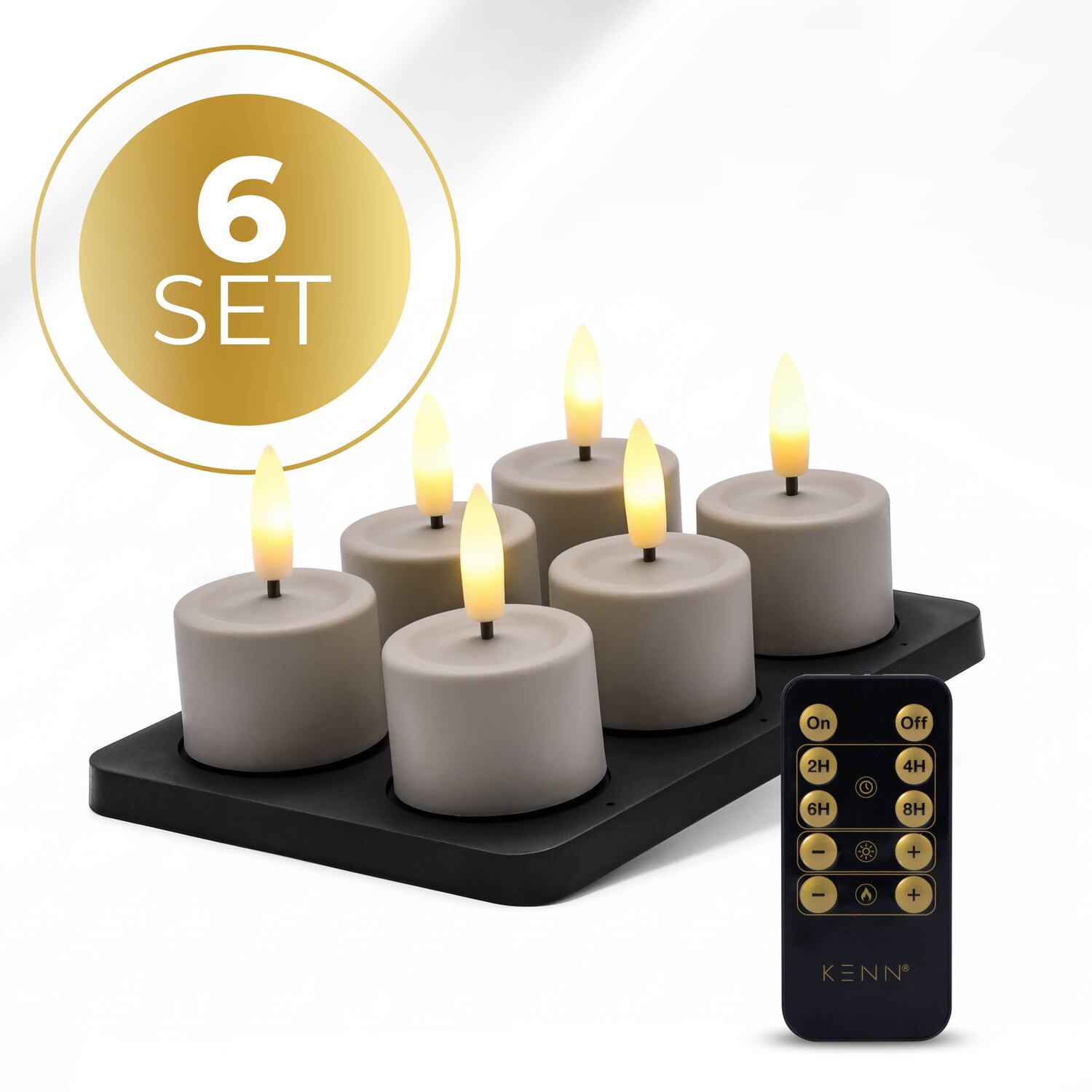 KENN® GlowPro™ Oplaadbare Waxinelichtjes taupe, met afstandsbediening en oplaadstation