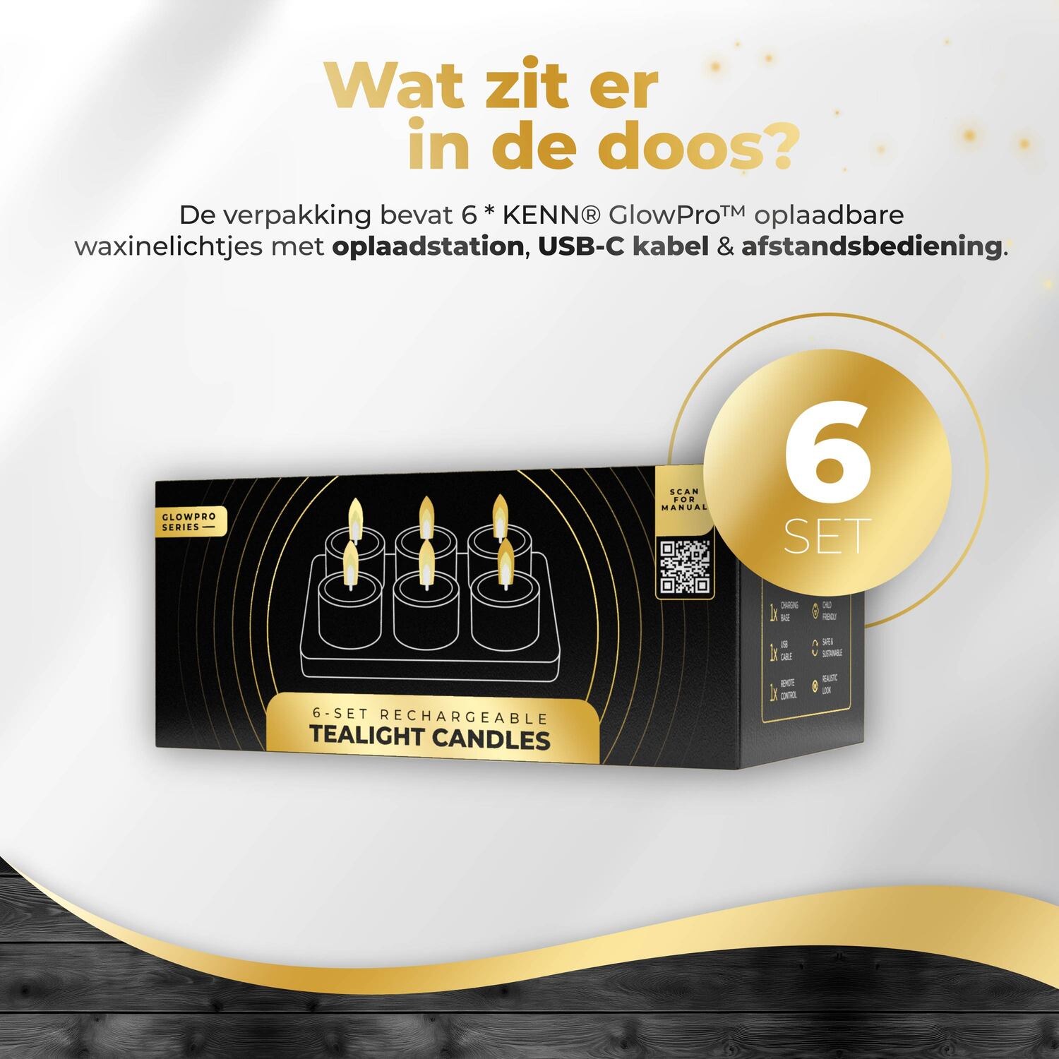 KENN® GlowPro™ Oplaadbare waxinelichtjes set van 6 taupe in de verpakking