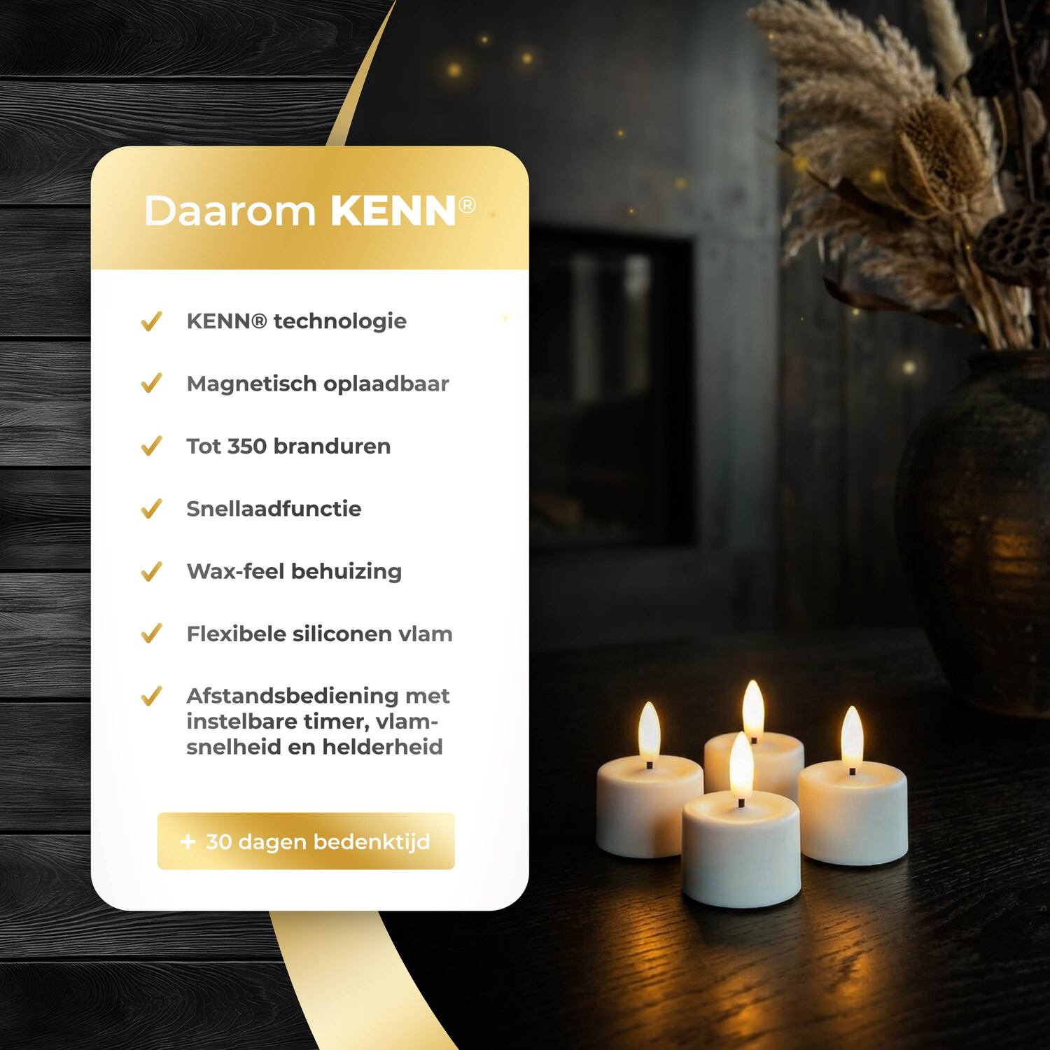 KENN® GlowPro™ Wiederaufladbare Teelichter Vergleichstabelle mit Teelichtern auf stimmungsvoller Tischdekoration