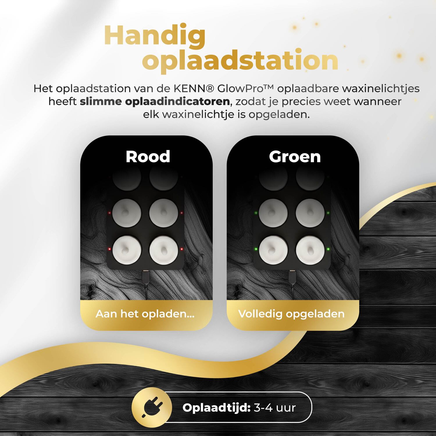 KENN® GlowPro™ Oplaadbare waxinelichtjes wit met oplaadstation & oplaadindicatoren