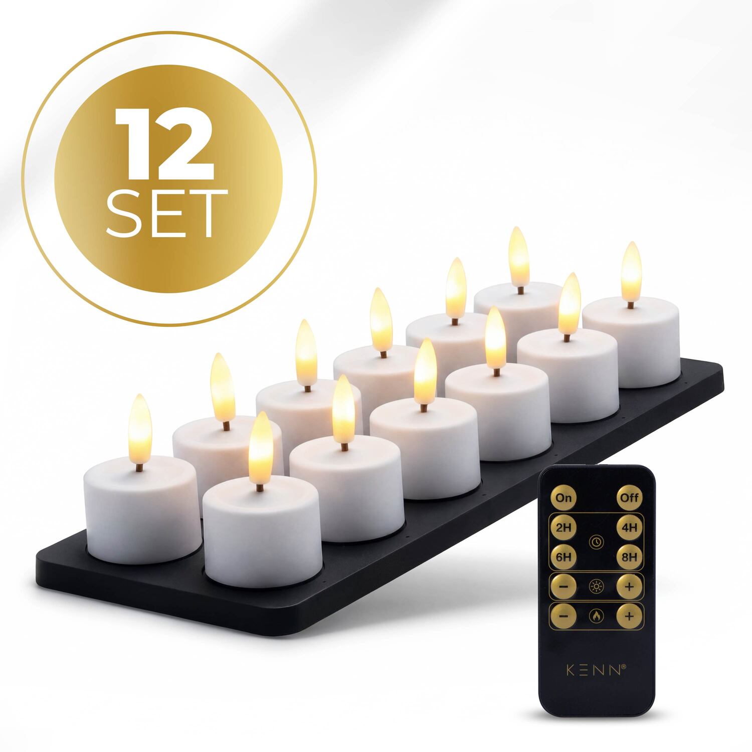 KENN® GlowPro™ Oplaadbare Waxinelichtjes, wit, met oplaadstation en afstandsbediening. Set van 12.