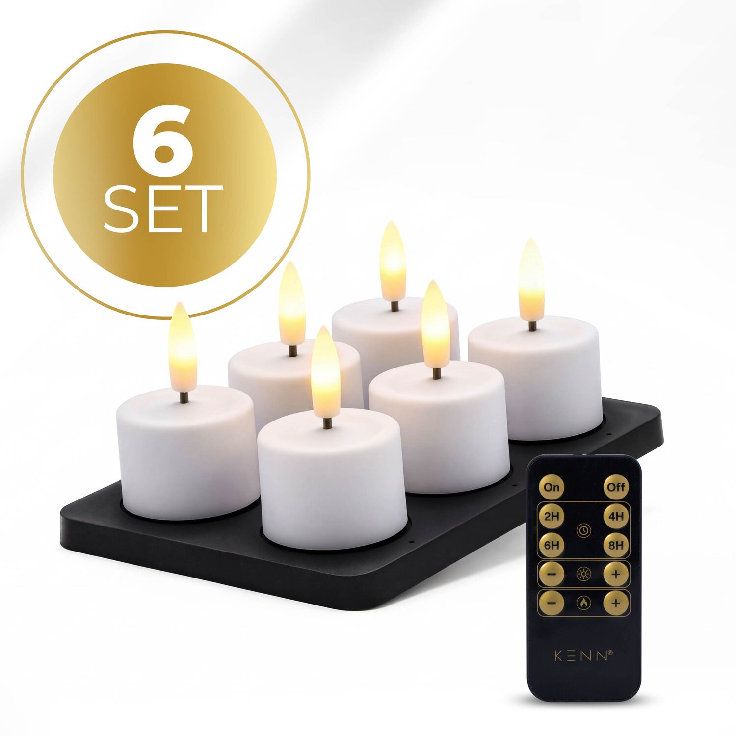 KENN® GlowPro™ Oplaadbare waxinelichtjes wit, set van 6 met oplaadstation en afstandsbediening