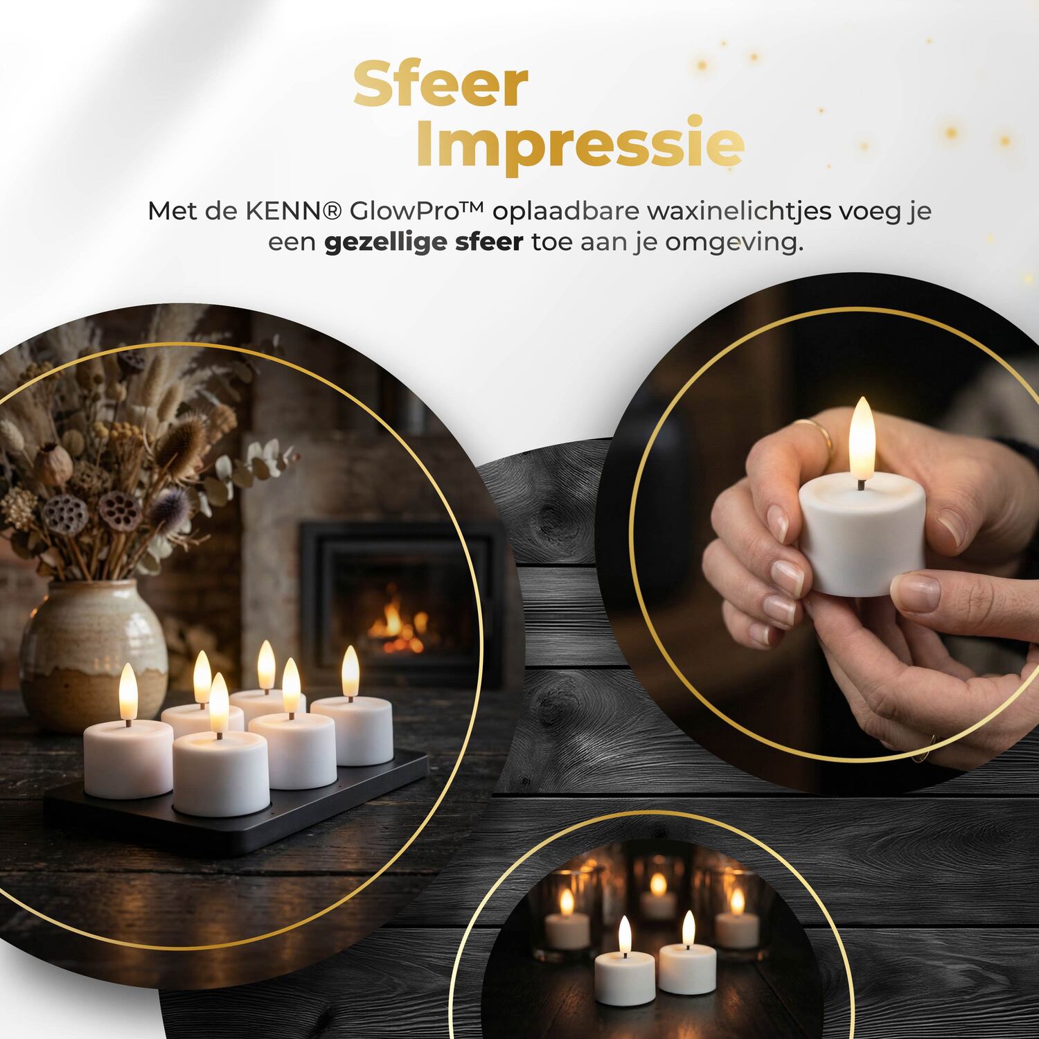 KENN® GlowPro™ Oplaadbare waxinelichtjes wit sfeerimpressie op tafel