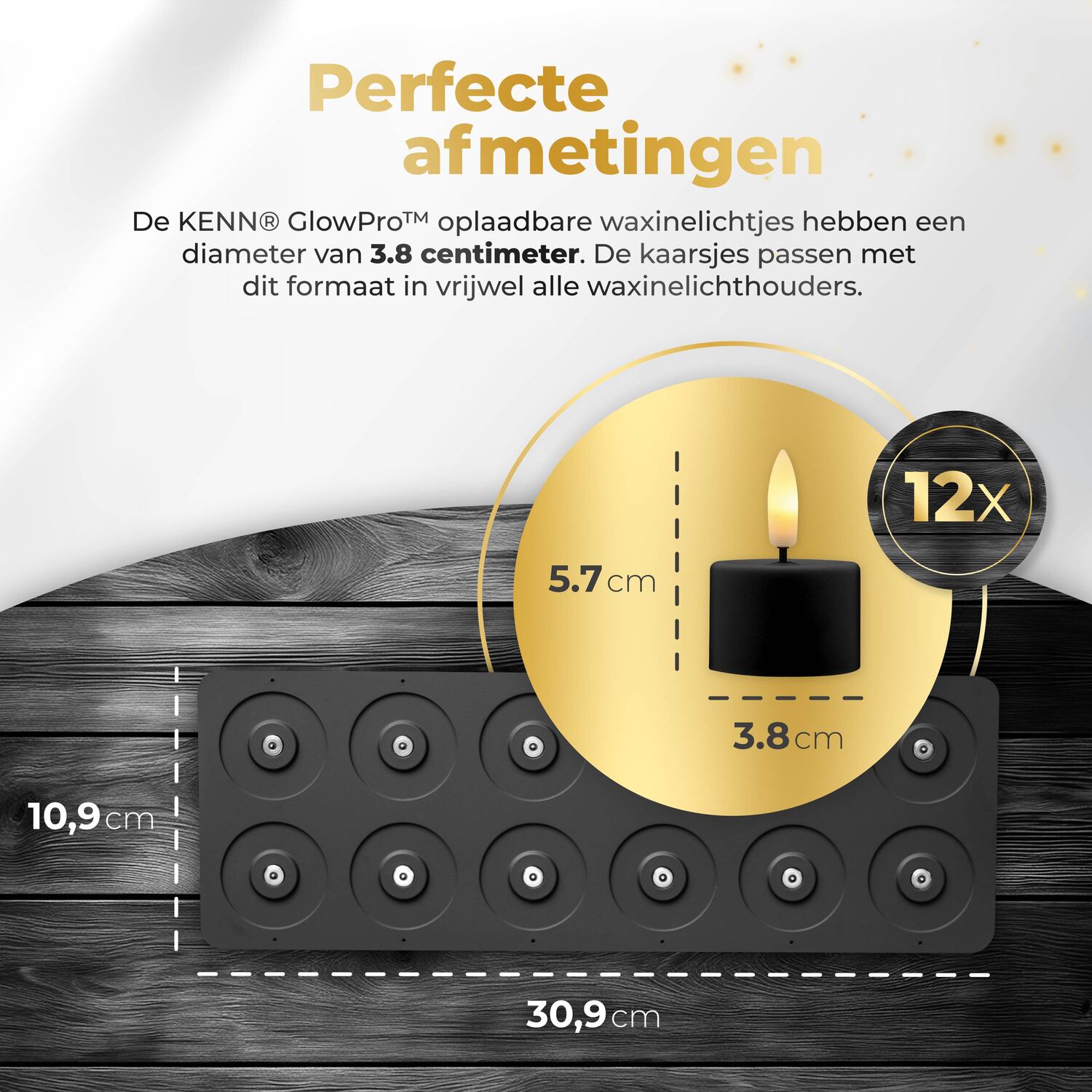 KENN® GlowPro™ oplaadbare waxinelichtjes zwart met perfecte afmetingen