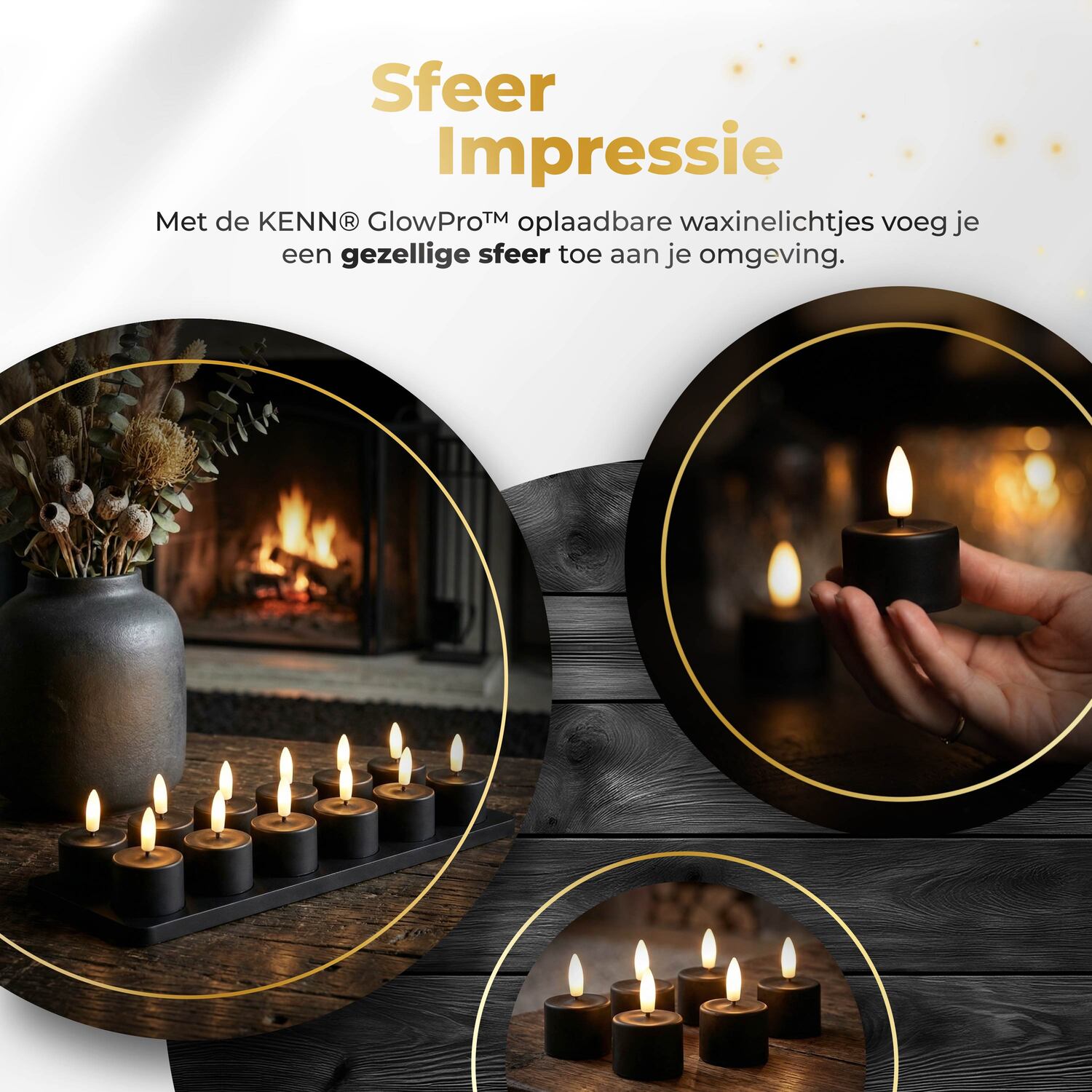 KENN® GlowPro™ oplaadbare waxinelichtjes zwart sfeerimpressie op een sfeervolle houten tafel
