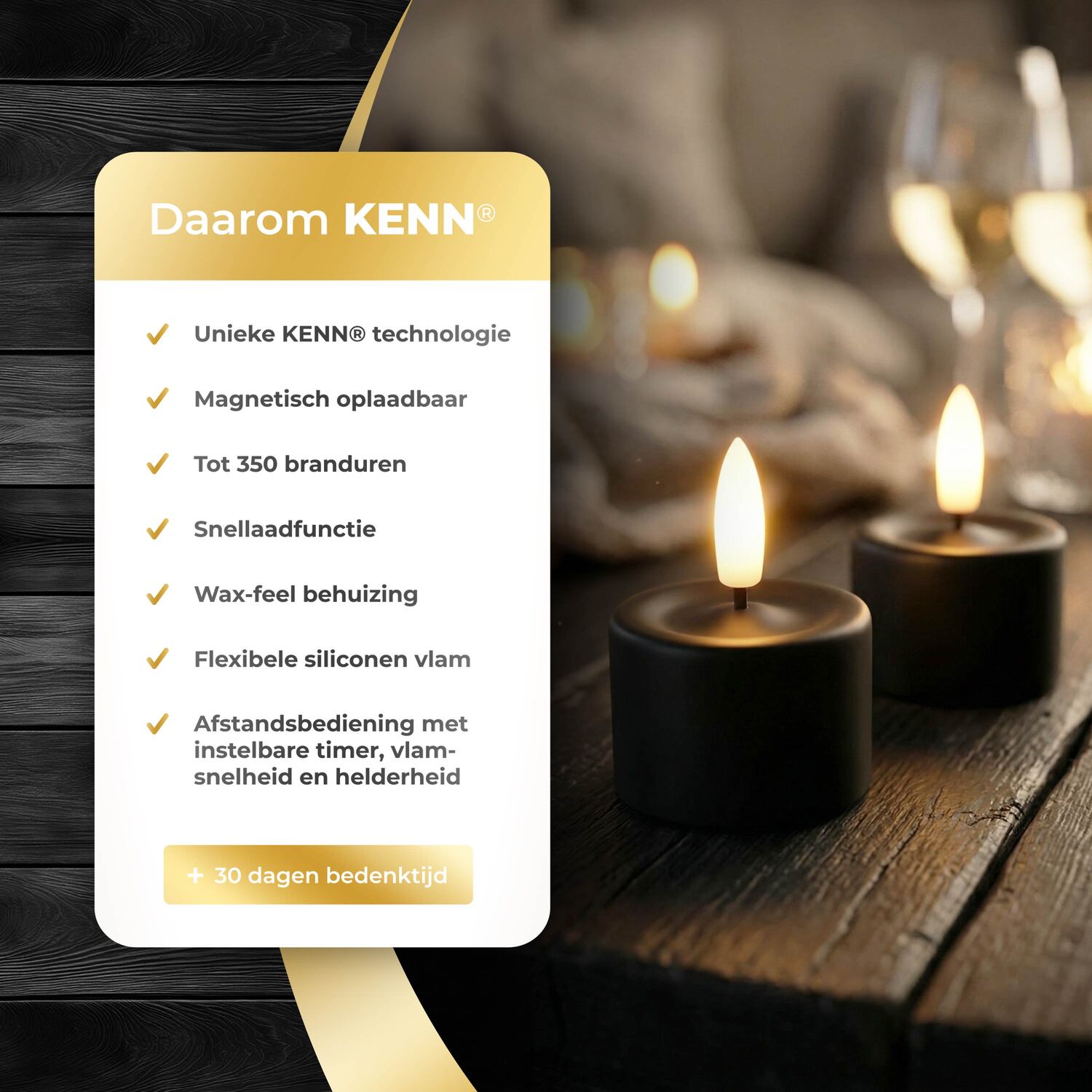 KENN® GlowPro™ oplaadbare waxinelichtjes zwart, overzicht waarom KENN