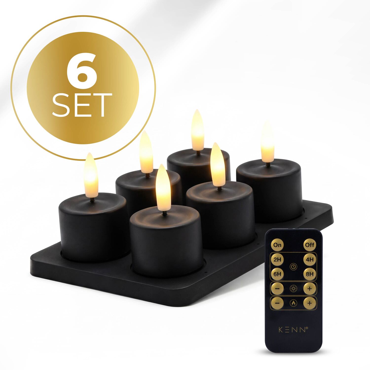 KENN® GlowPro™ oplaadbare waxinelichtjes zwart, set van 6 met oplaadstation en afstandsbediening