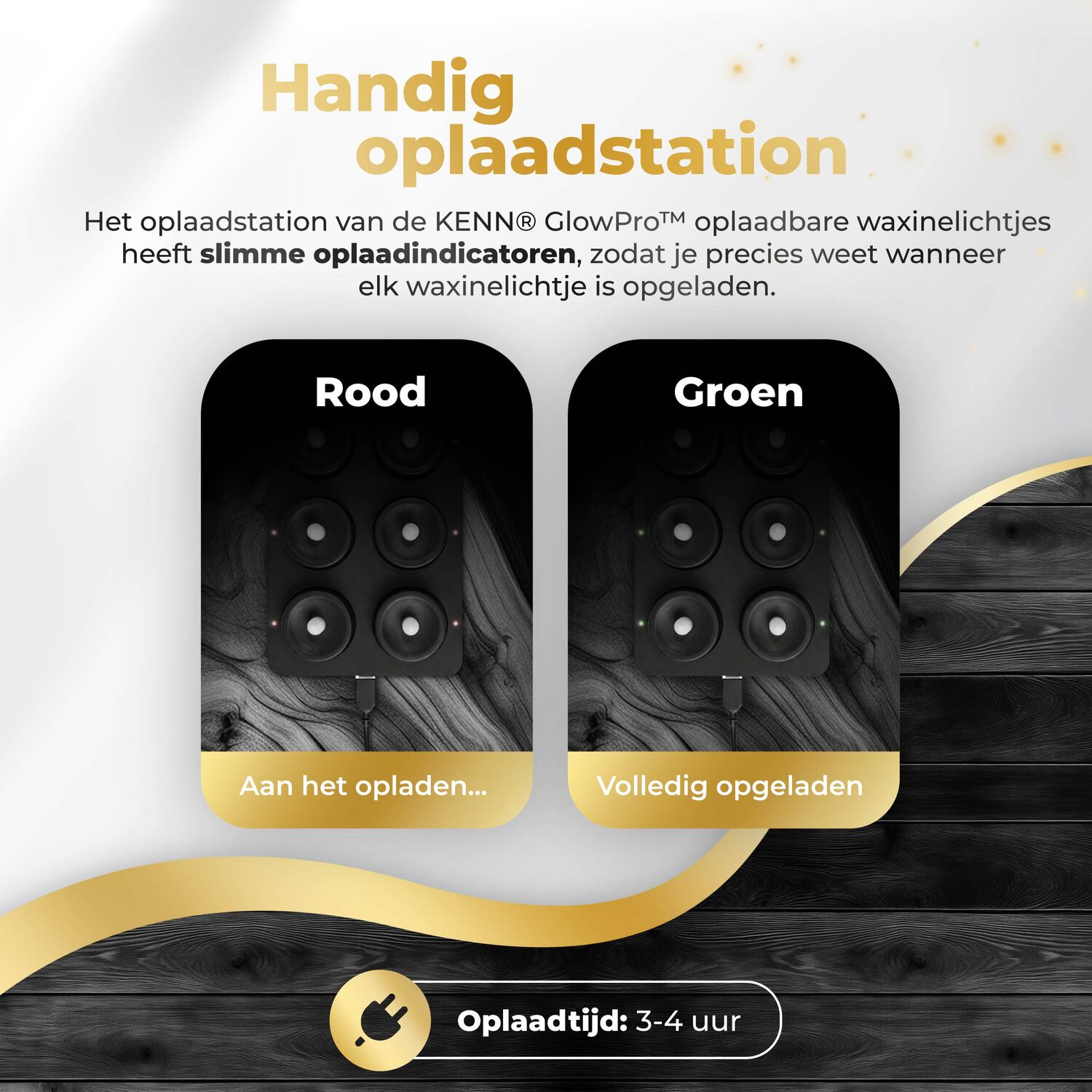 KENN® GlowPro™ oplaadbare waxinelichtjes zwart, oplaadstation met oplaadindicatoren
