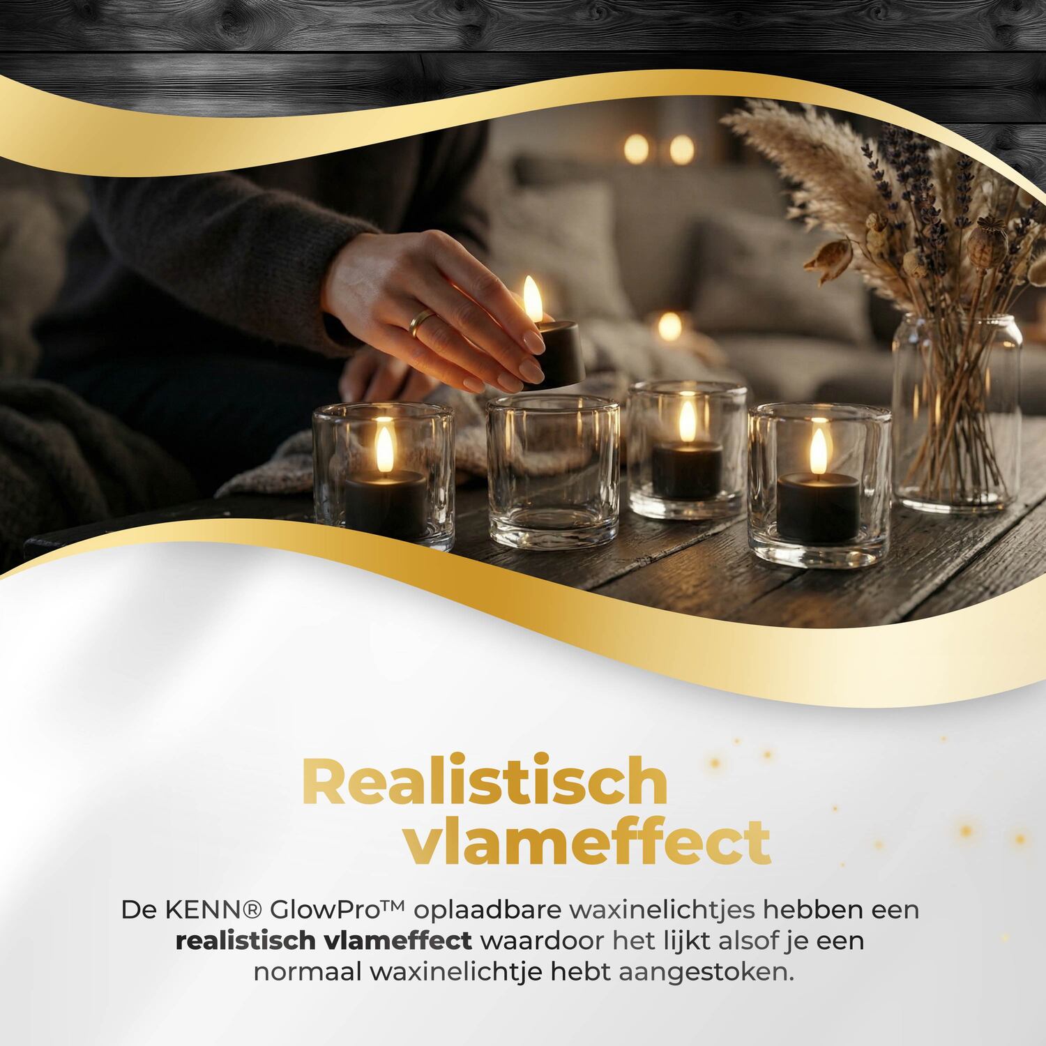 KENN® GlowPro™ oplaadbare waxinelichtjes zwart, realistisch vlameffect in gezellig huis