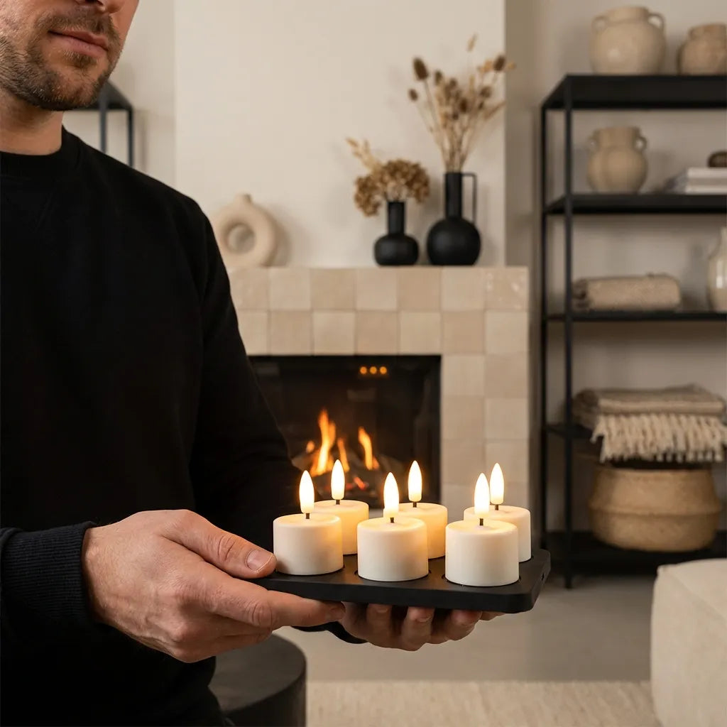 Man houdt KENN glowpro oplaadbare waxinelichtjes met laadstation vast in een huiskamer met open haard