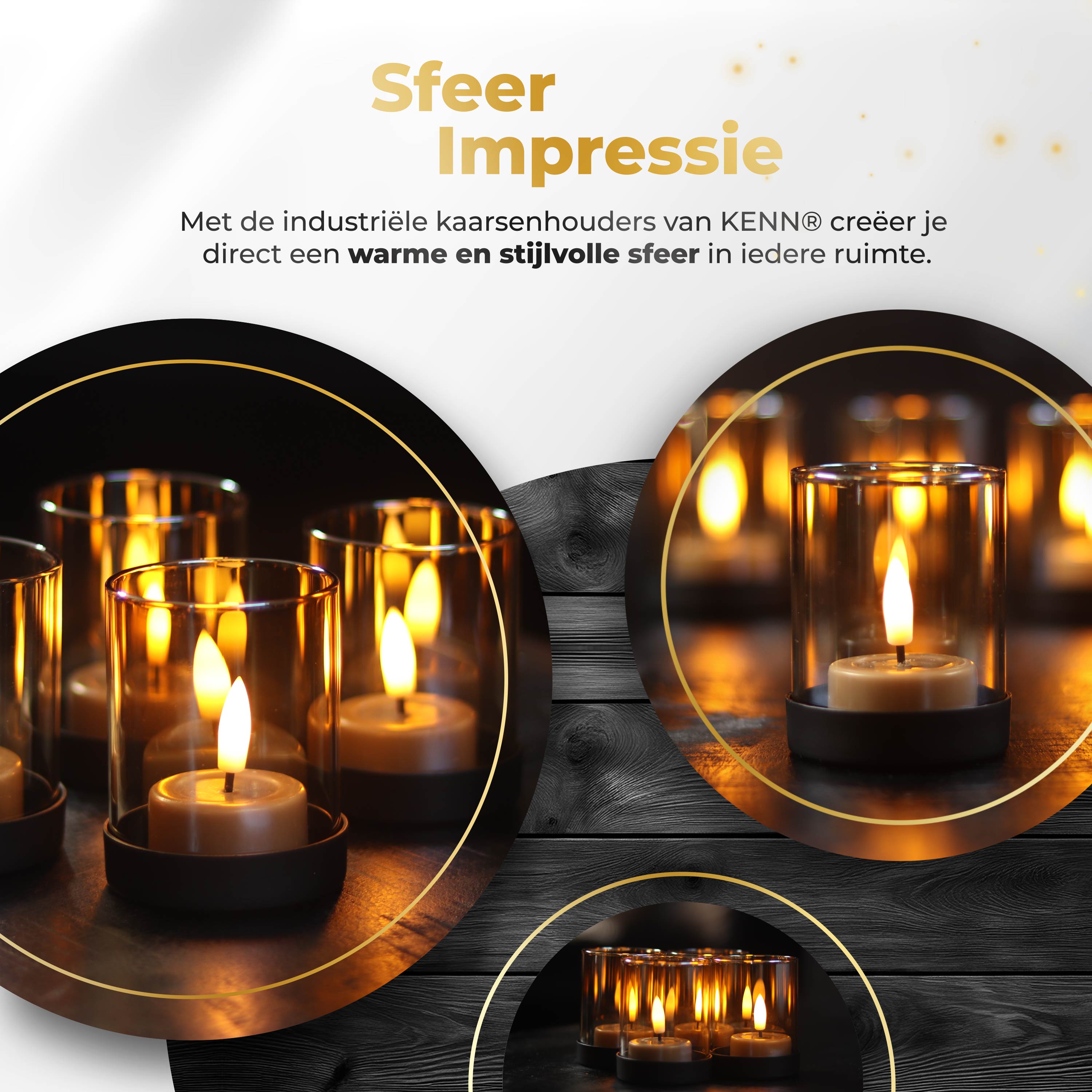 KENN® industriële kaarsenhouders van goudkleurig zandglas sfeerimpressie
