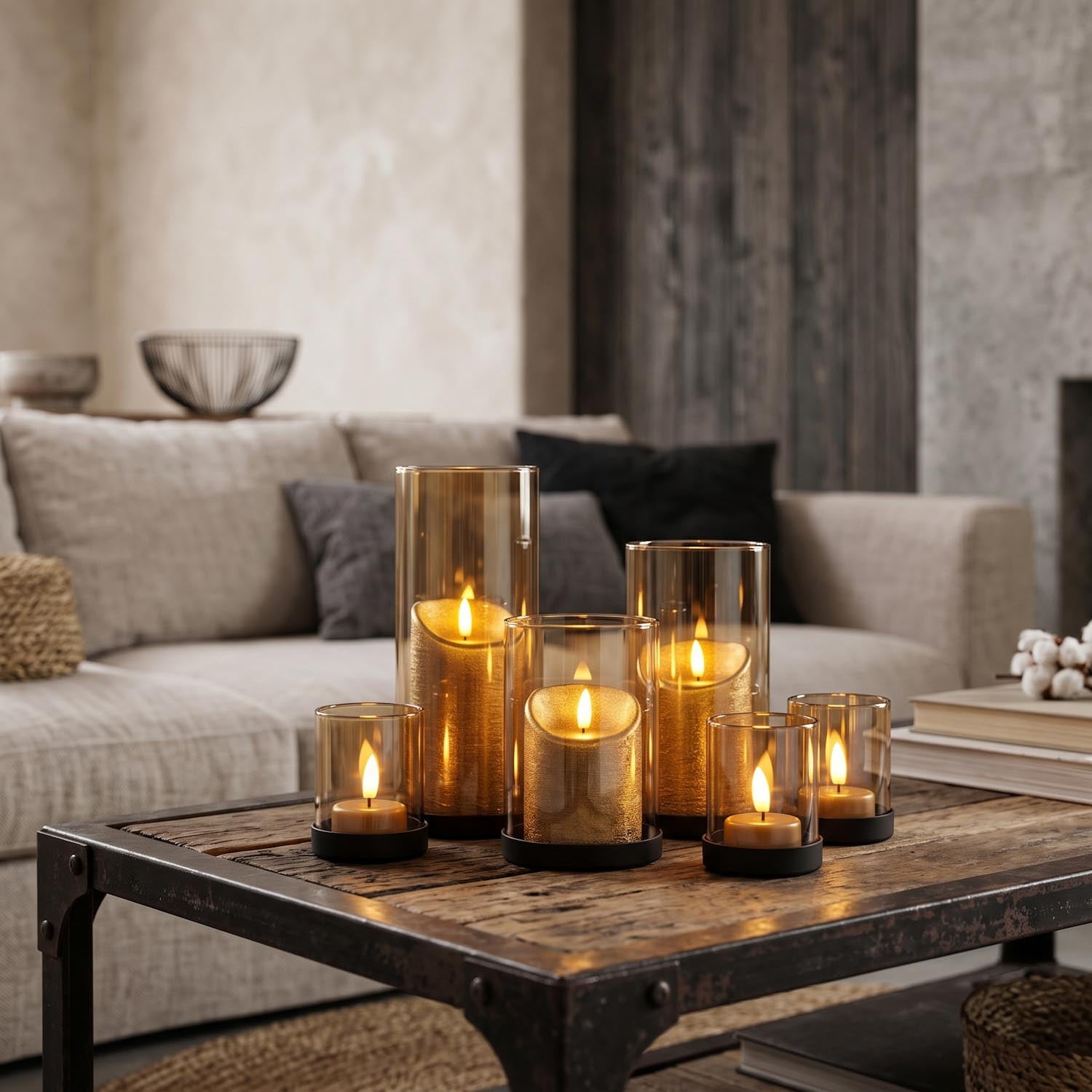 KENN® industriële kaarsenhouders van goudkleurig zandglas met zwarte metalen basis