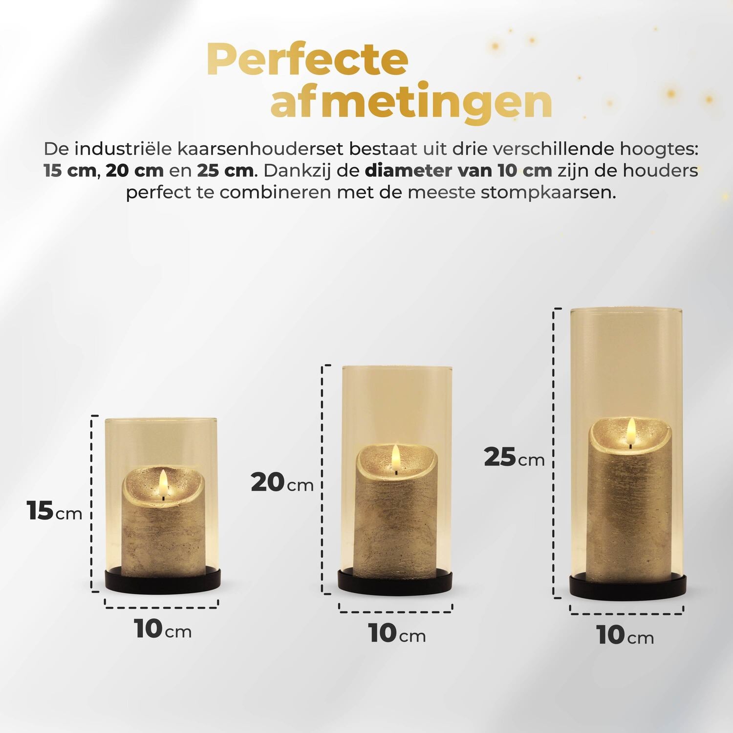 Afmetingen van de gouden KENN® kaarsenhouderset: 15, 20 en 25 cm hoog en 10 cm breed