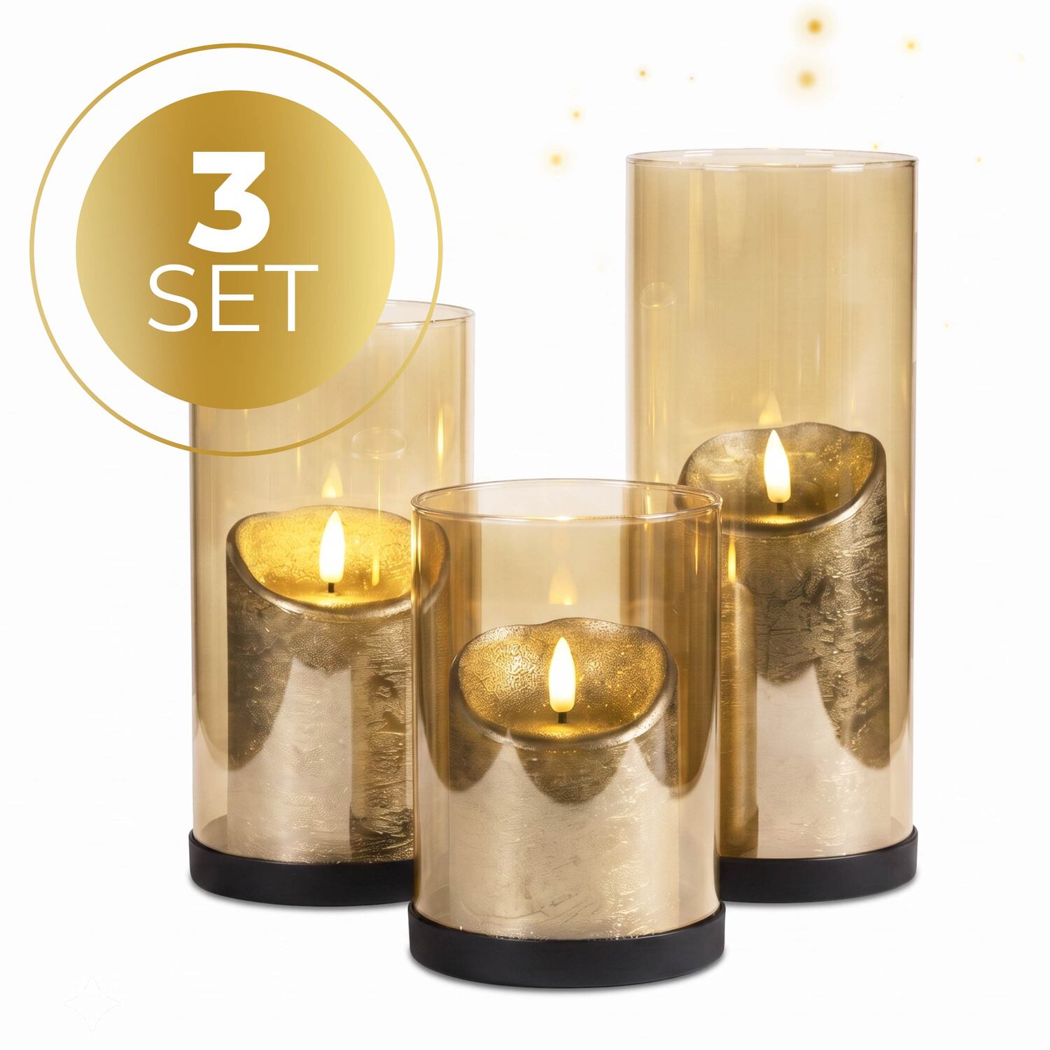 Set van 3 industriële KENN® kaarsenhouders van goudkleurig glas met zwarte metalen basis