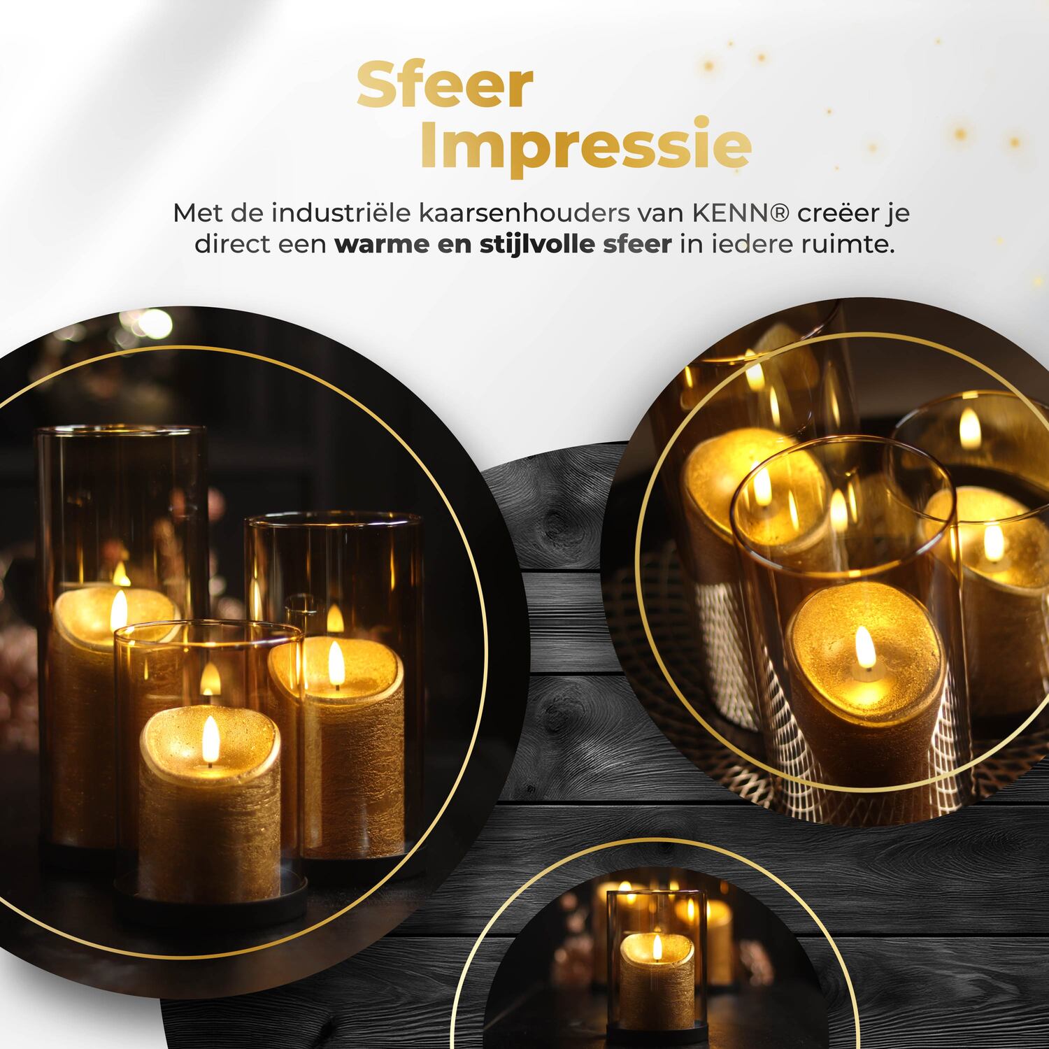 Sfeerimpressie van industriële KENN® kaarsenhouders van goudglas met warme verlichting