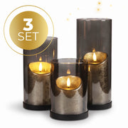 Set van 3 industriële KENN® kaarsenhouders van rookglas met zwarte metalen basis